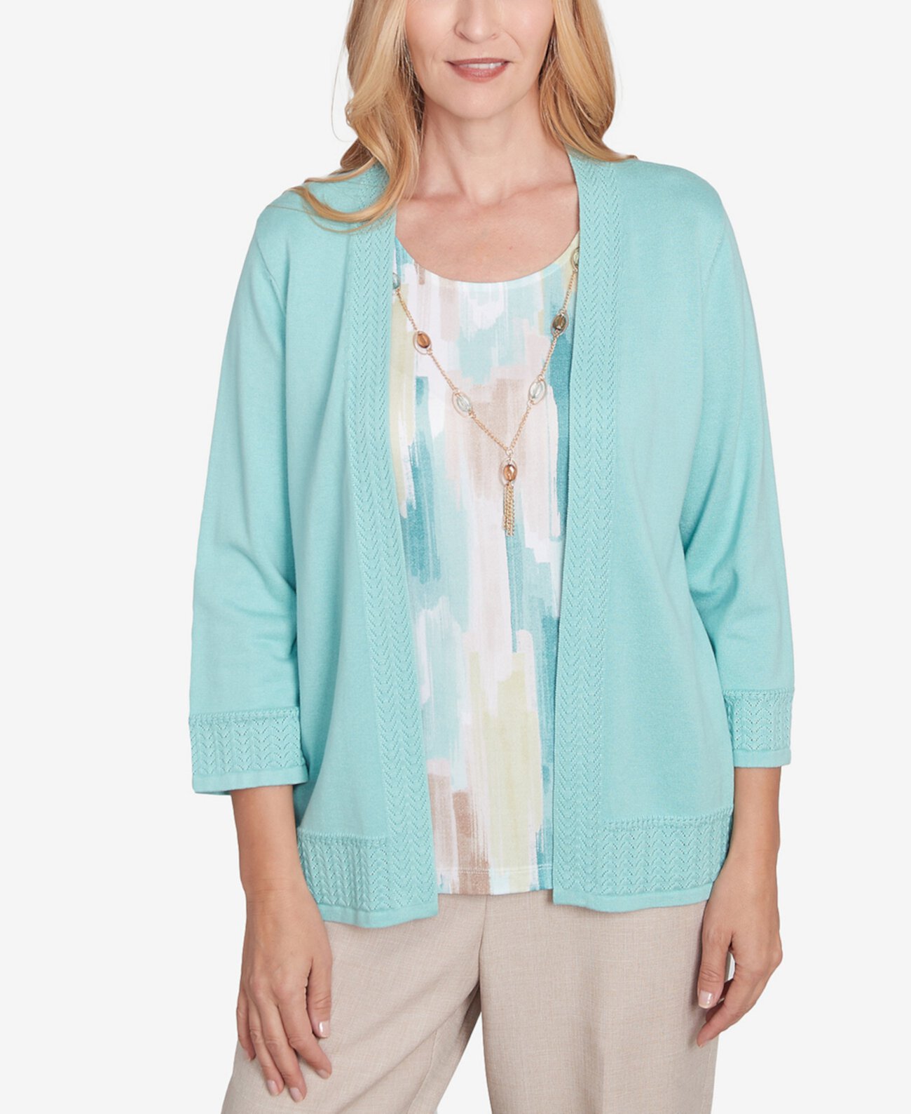 Women's Kensington Gardens Brushstroke Inner Two in One Sweater with Necklace Alfred Dunner