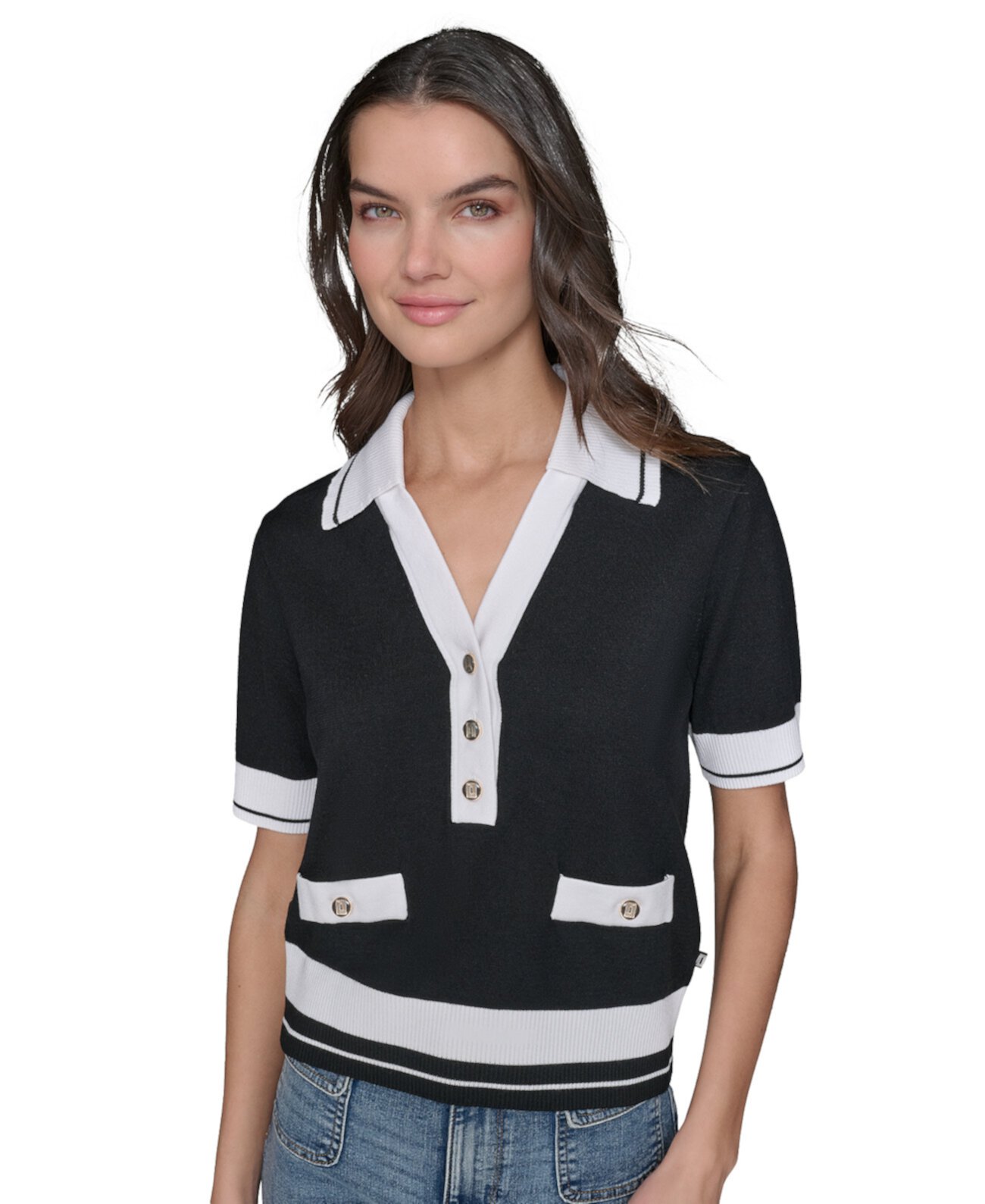 Petite Short-Sleeve Tipped Polo Sweater Karl Lagerfeld Paris