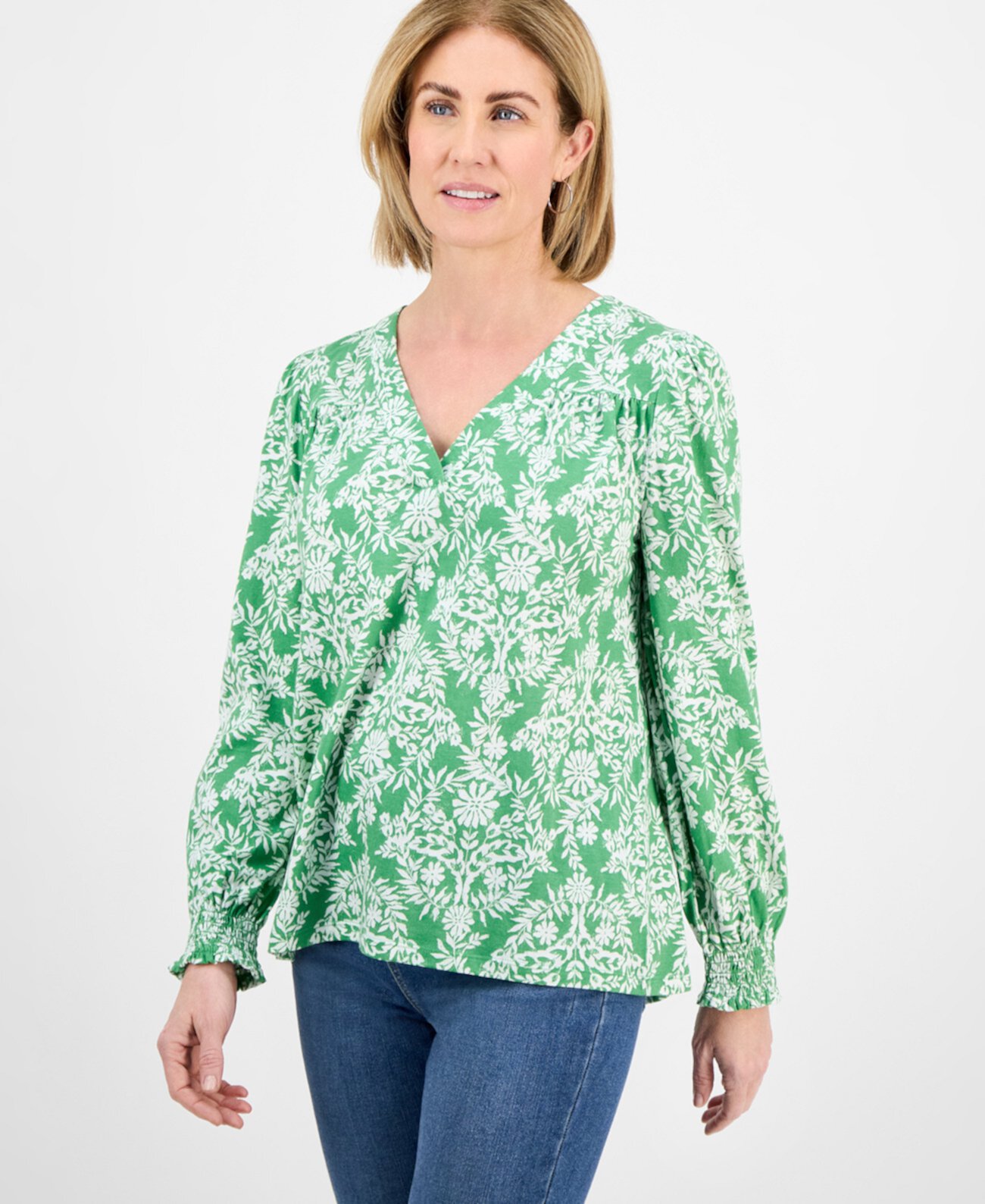 Petite Vine-Print Smocked-Cuff V-Neck Top, Exclusively at Macy's Style & Co