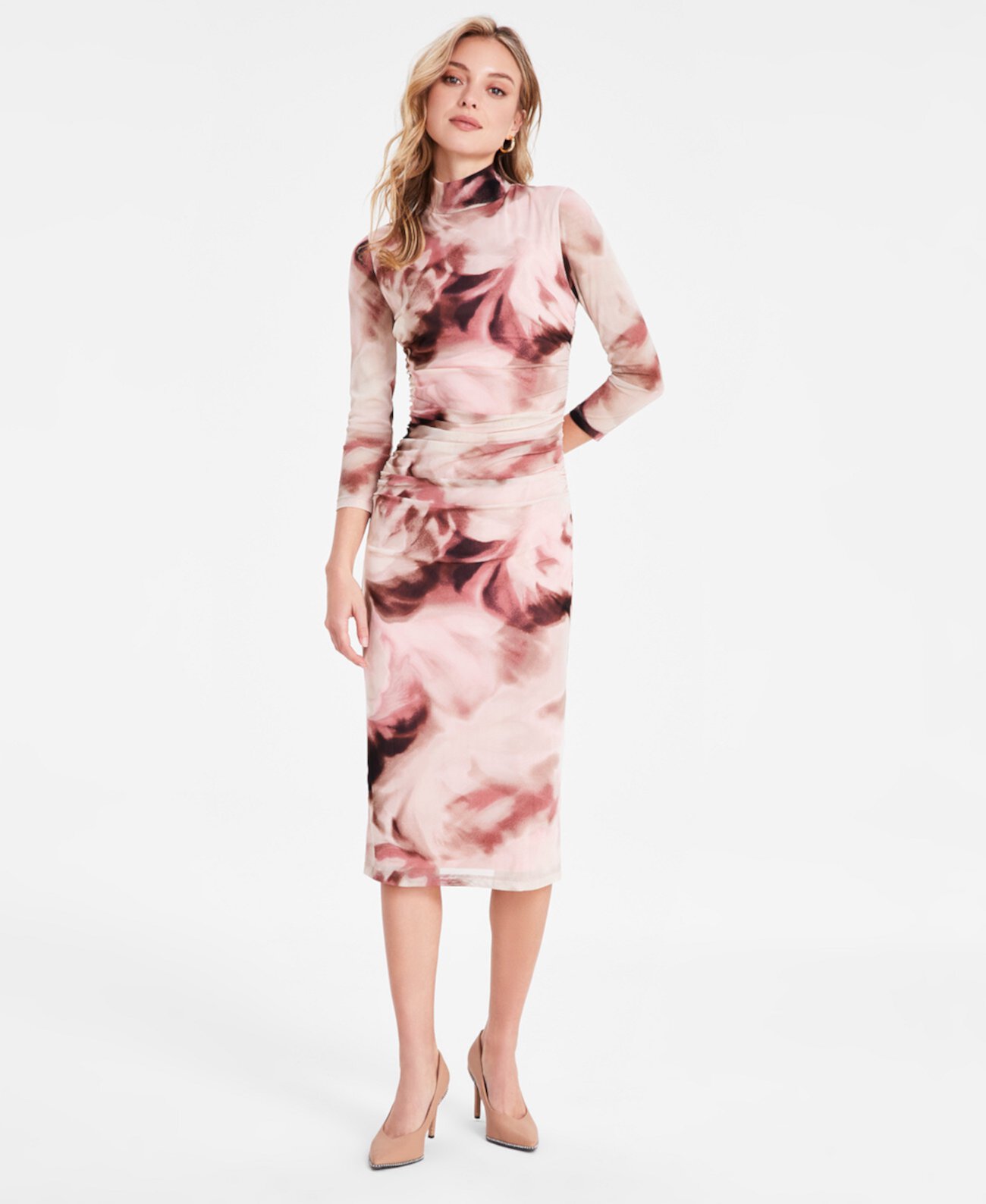 Women's Turtleneck Watercolor Mesh Dress, Exclusively at Macy's Bar III