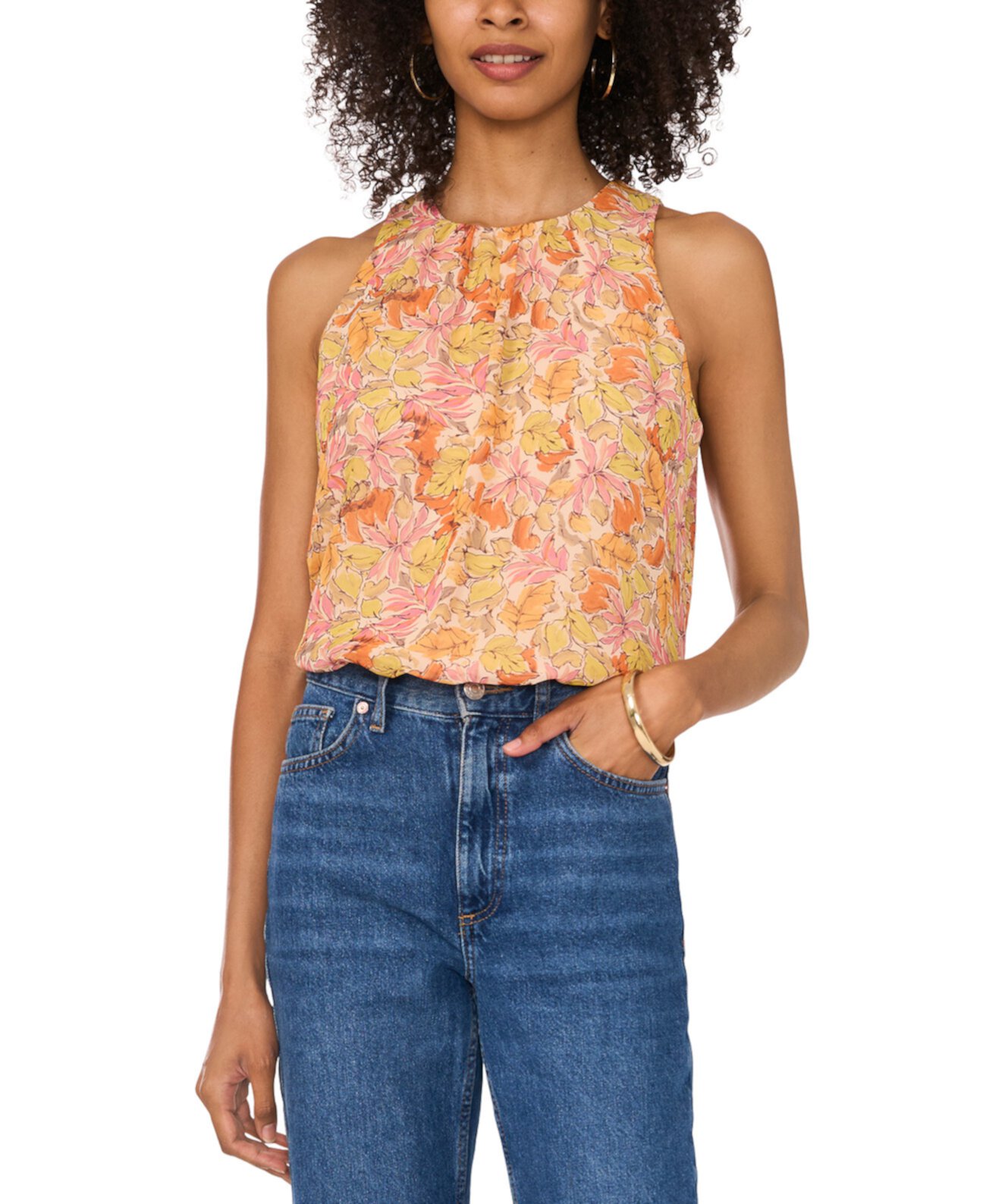 Women's Floral-Print Pleat-Neck Sleeveless Top Vince Camuto