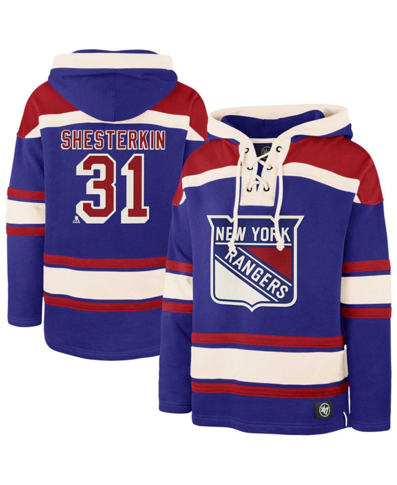 Men's Igor Shesterkin Blue New York Rangers Player Name Number Lacer Pullover Hoodie '47 Brand