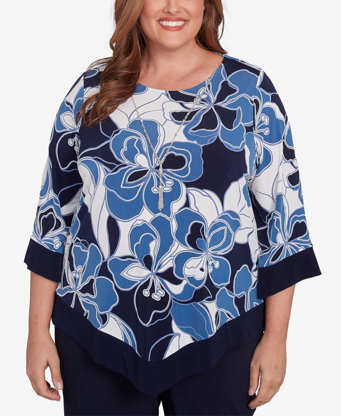 Plus Size Classic Abstract Bold Floral Patchwork Top with Necklace Alfred Dunner