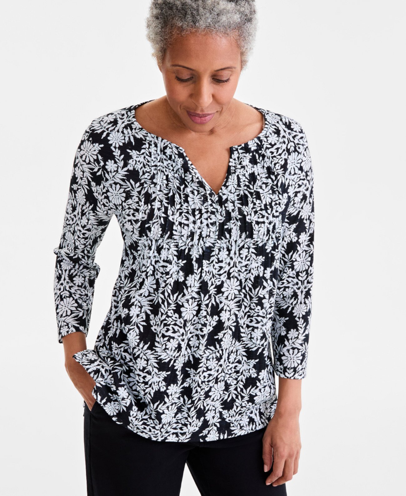 Women's Printed Pintuck Split-Neck Top, Exclusively at Macy's Style & Co