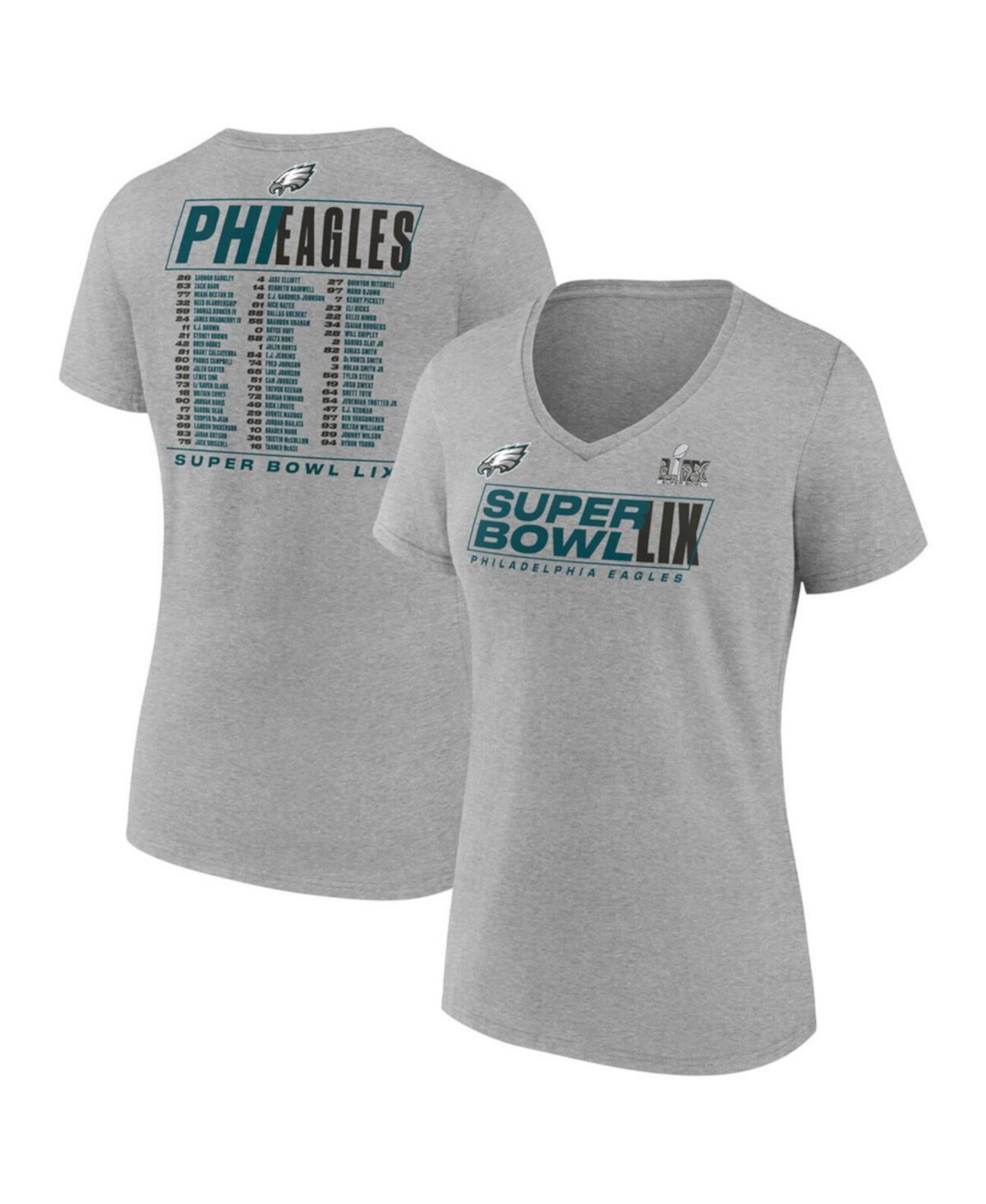 Women's Heather Gray Philadelphia Eagles Super Bowl LIX Roster V-Neck T-Shirt Fanatics