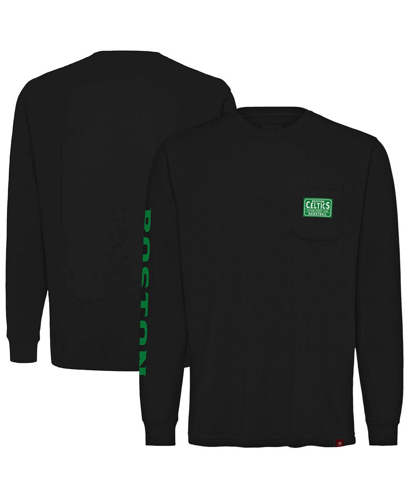 Men's and Women's Black Boston Celtics Wales Heavyweight Pocket Long Sleeve T-Shirt Sportiqe