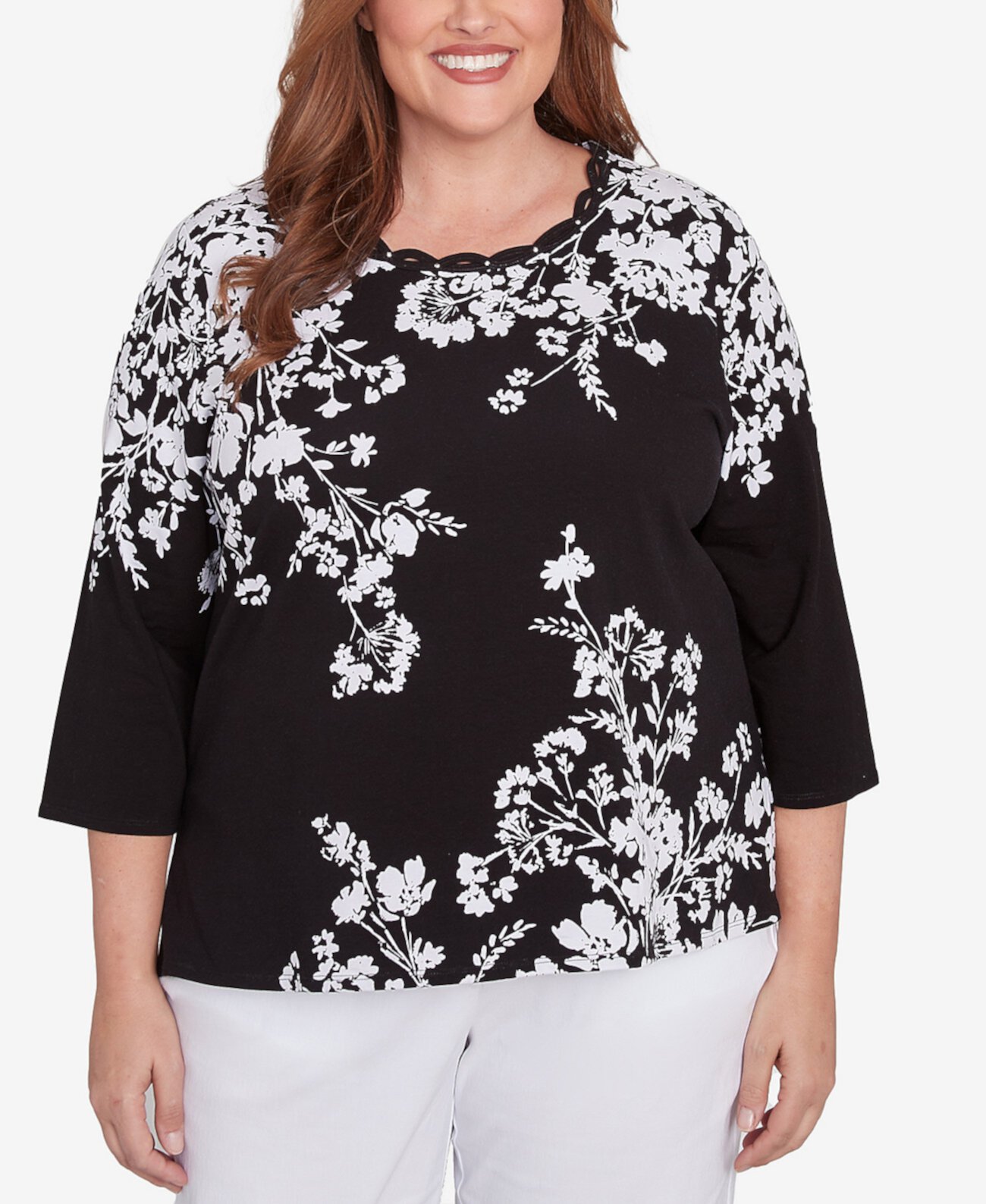 Plus Size Classic Asymmetric Floral Monotone Crew Neck Top Alfred Dunner