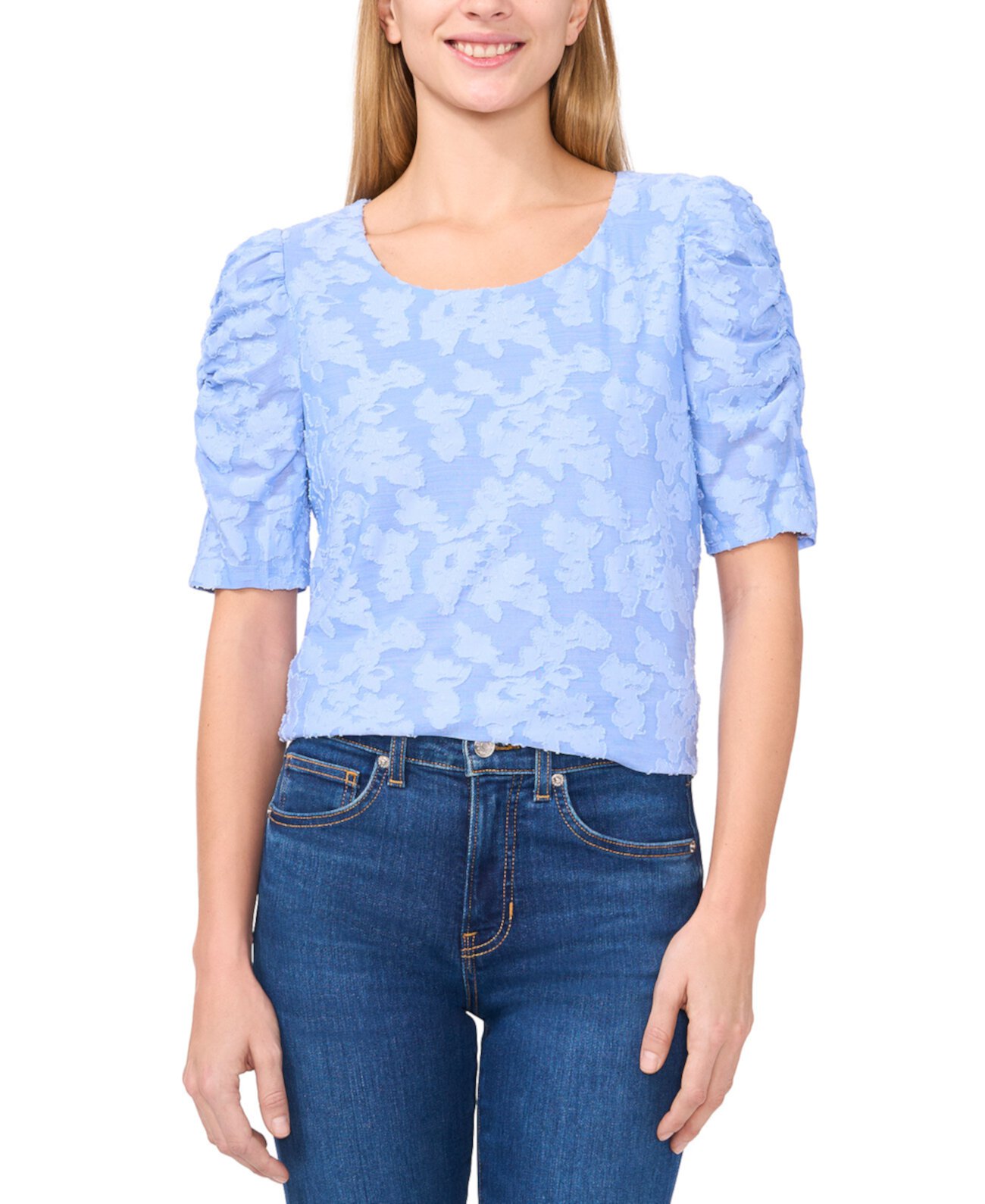 Women's Round-Neck Ruched Elbow-Sleeve Top CeCe