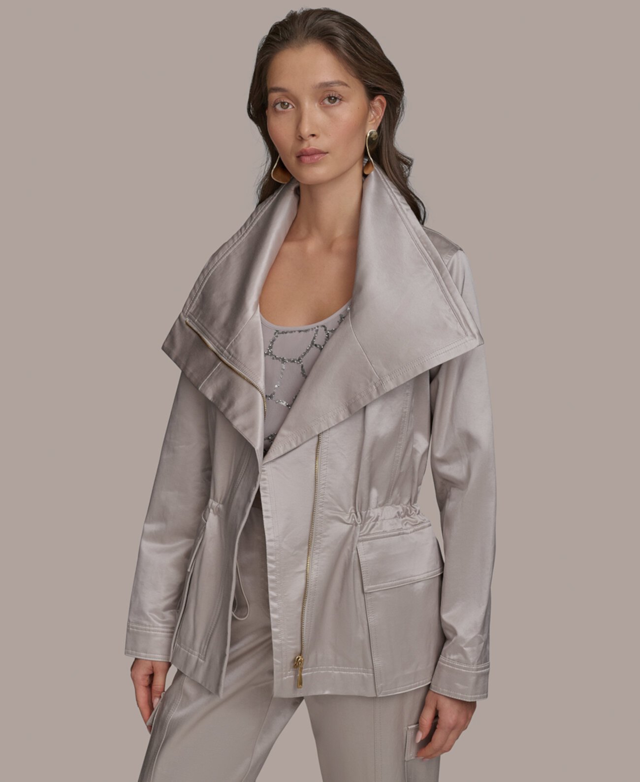 Women's Zip-Front Satin Utility Jacket Donna Karan New York