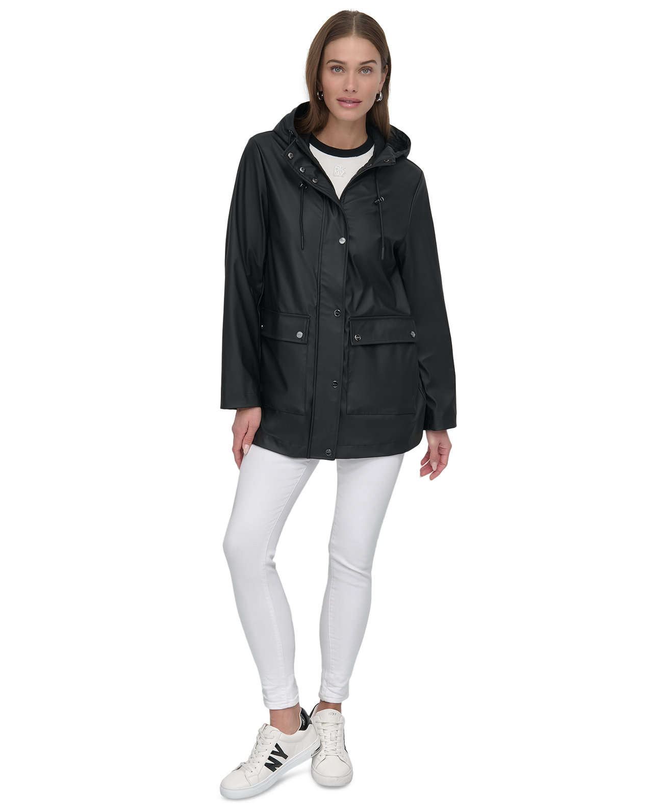 Petite Hooded Zip-Front Water-Resistant Raincoat DKNY