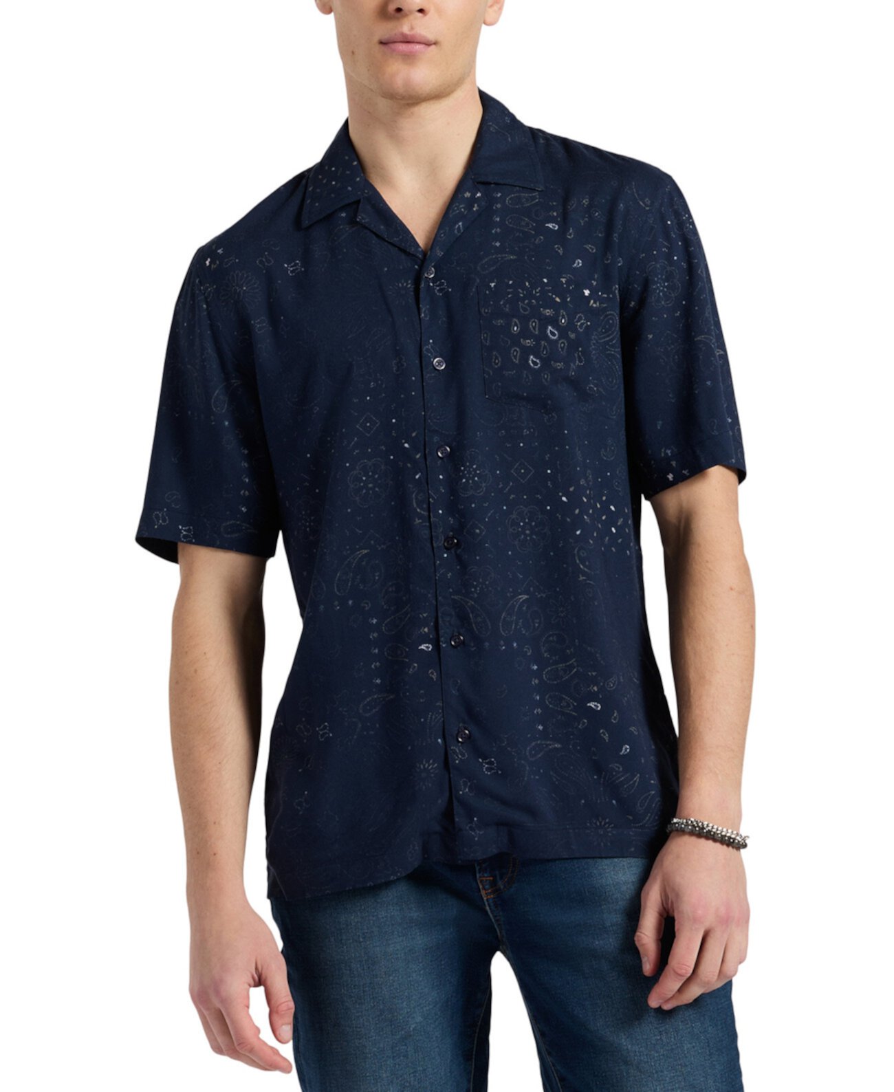 Men's Lightweight Short Sleeve Button Up Bandana Print Camp Shirt Buffalo