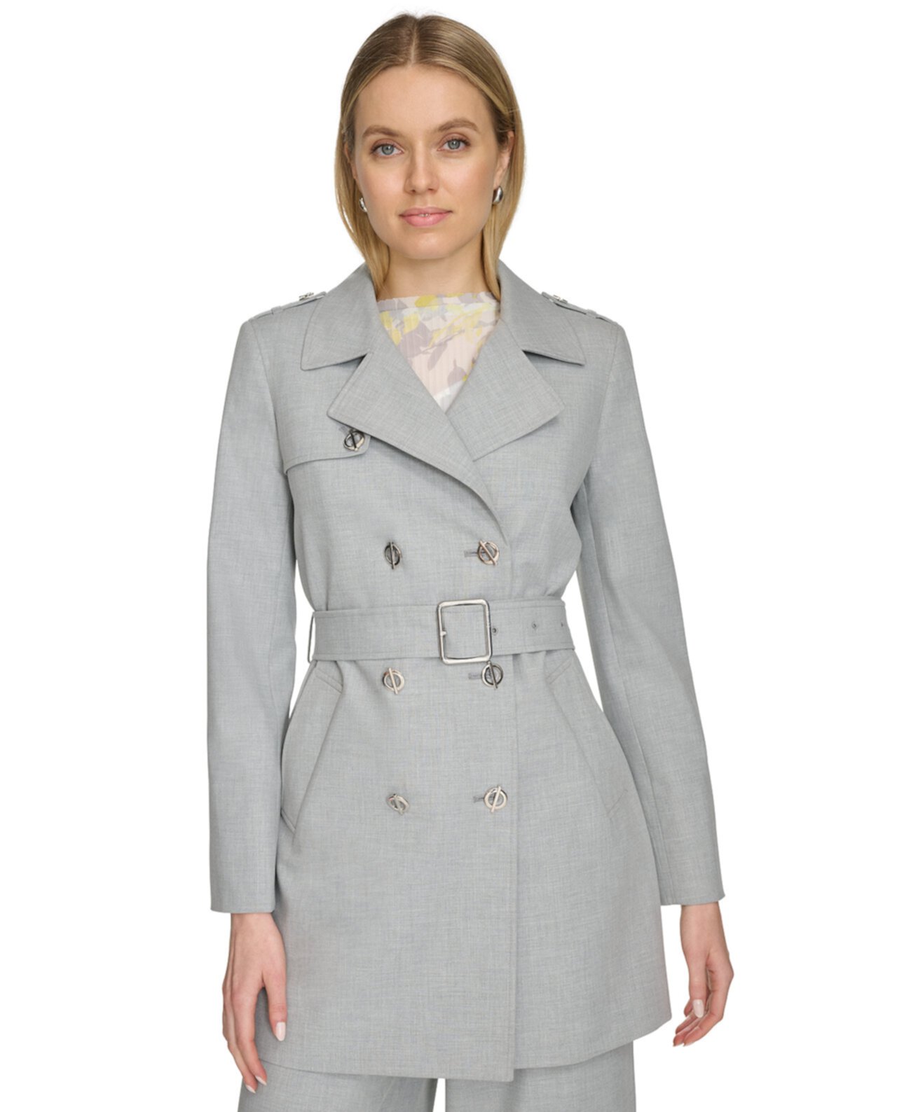 Petite Belted Long-Sleeve Trench Coat Jacket Calvin Klein