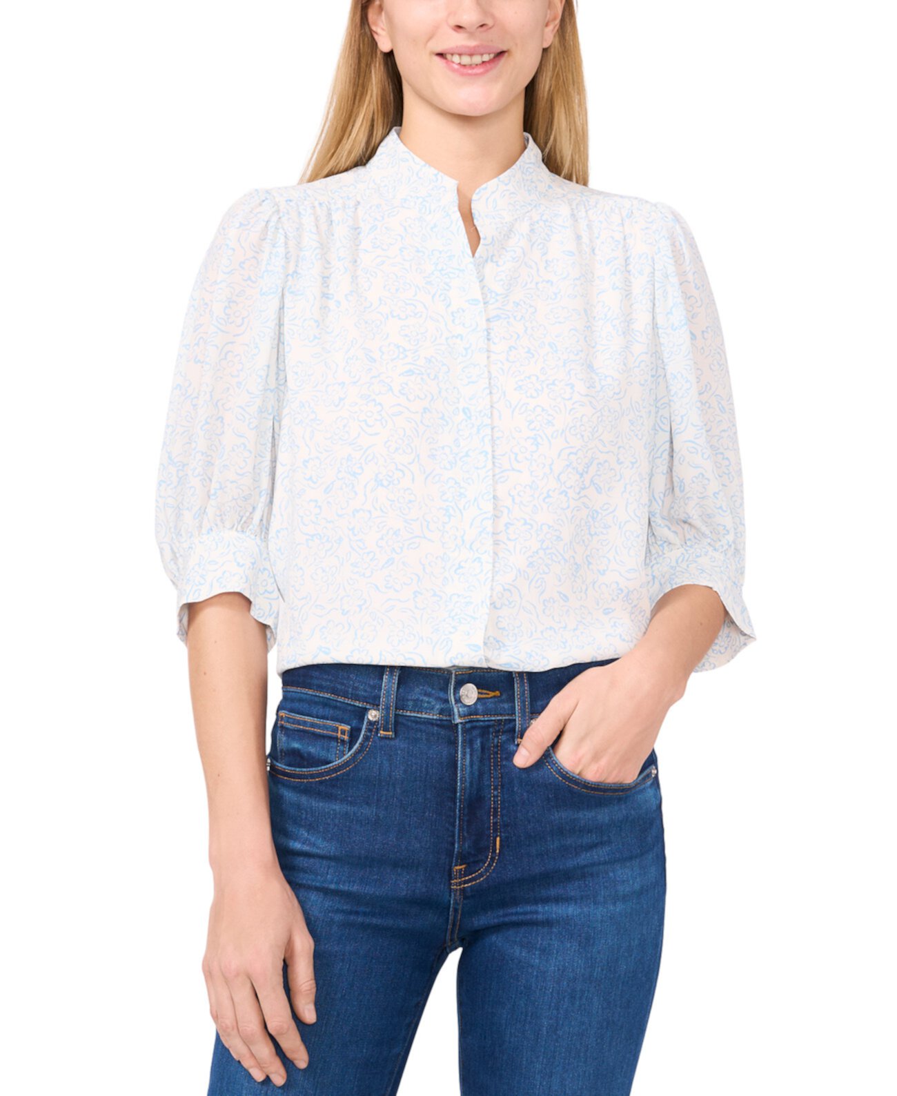 Women's Printed Open-Collar Elbow-Sleeve Top CeCe