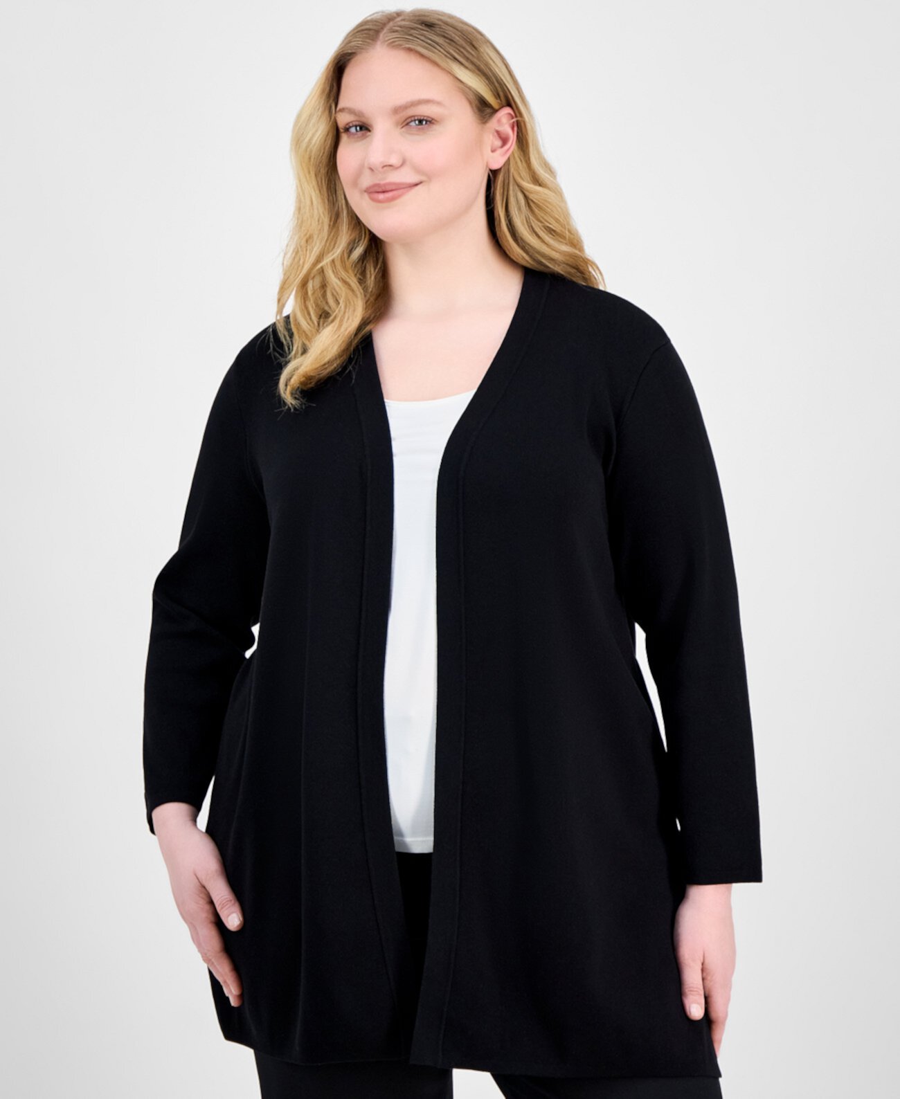 Plus Size Open-Front Long-Sleeve Side-Slit Cardigan AK Anne Klein