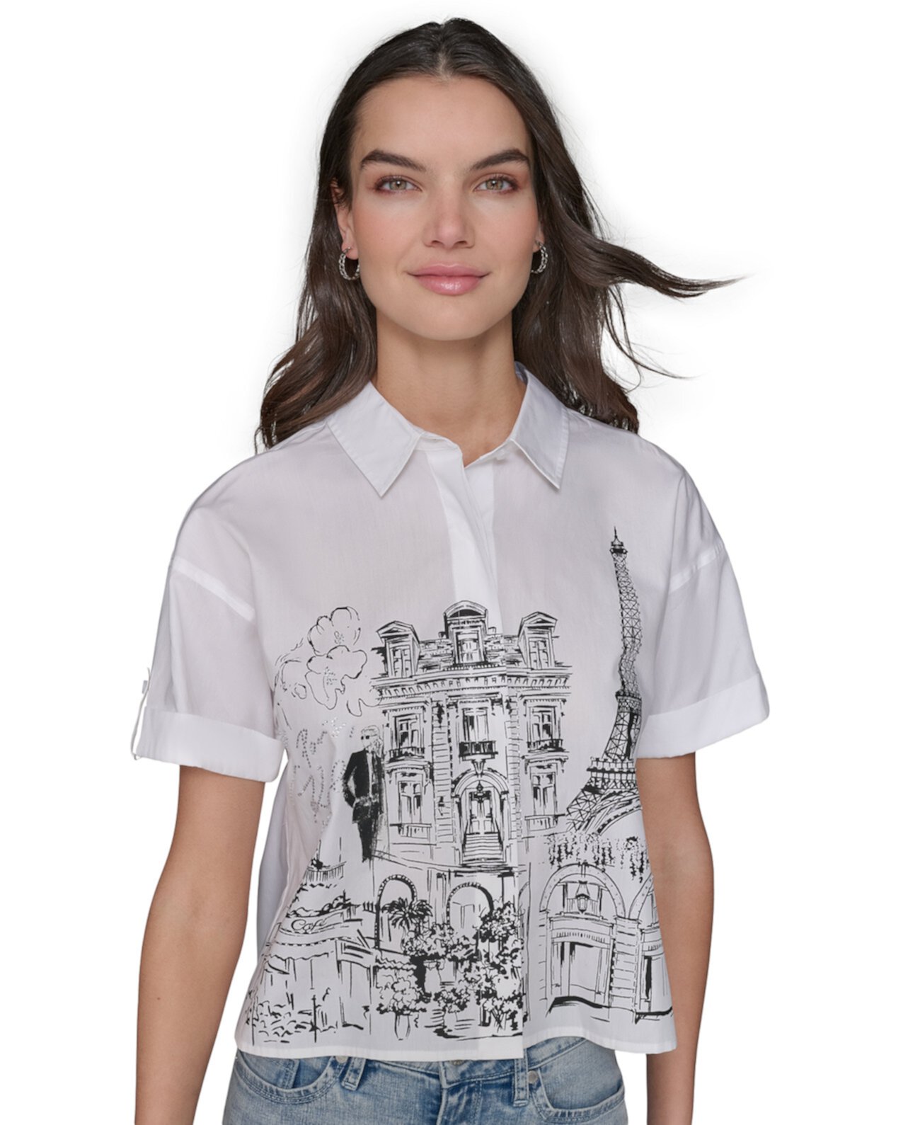 Petite City Scene Crop Poplin Shirt Karl Lagerfeld Paris