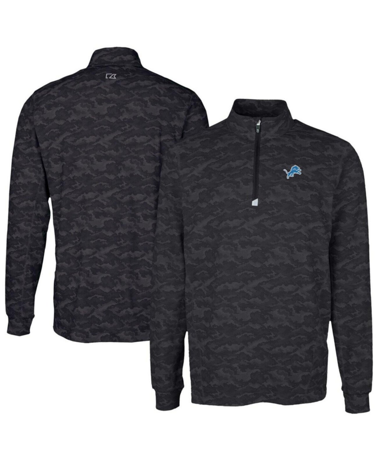 Men's Black Detroit Lions Traverse Camo Print Stretch Quarter-Zip Top Cutter & Buck