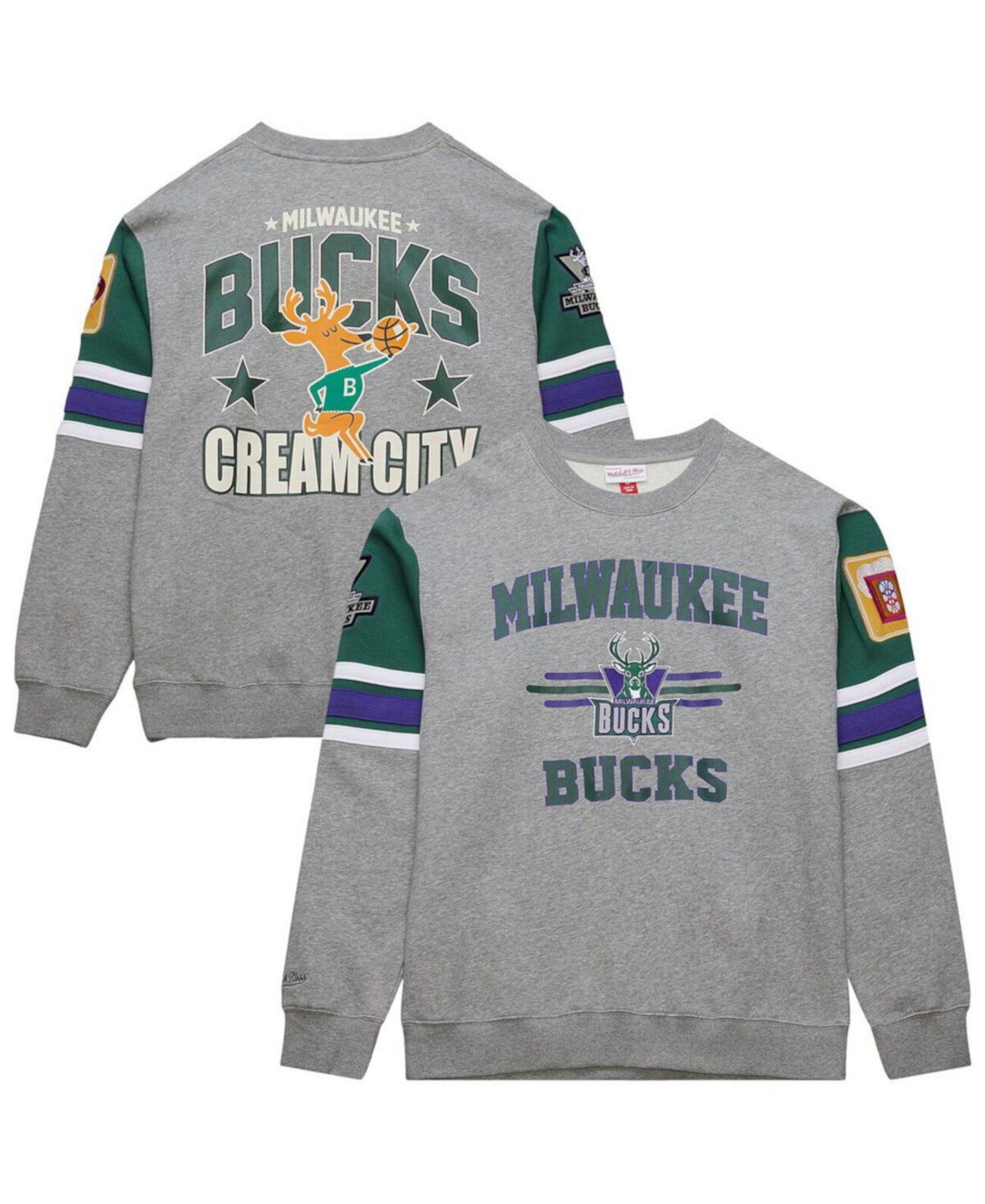 Men's Heather Gray Milwaukee Bucks Hardwood Classics All Over 4.0 Pullover Sweatshirt Mitchell & Ness