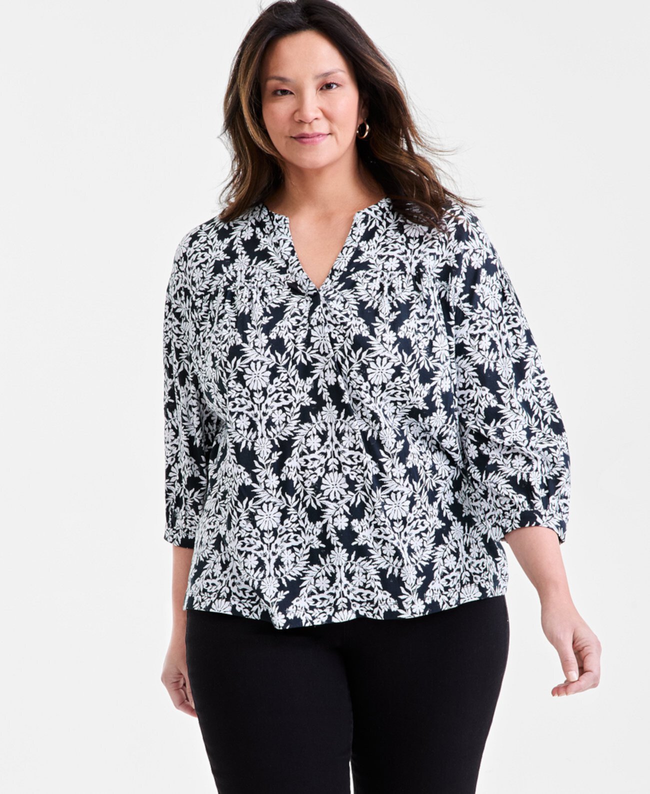 Plus Size Printed 3/4-Sleeve Top, Exclusively at Macy's Style & Co