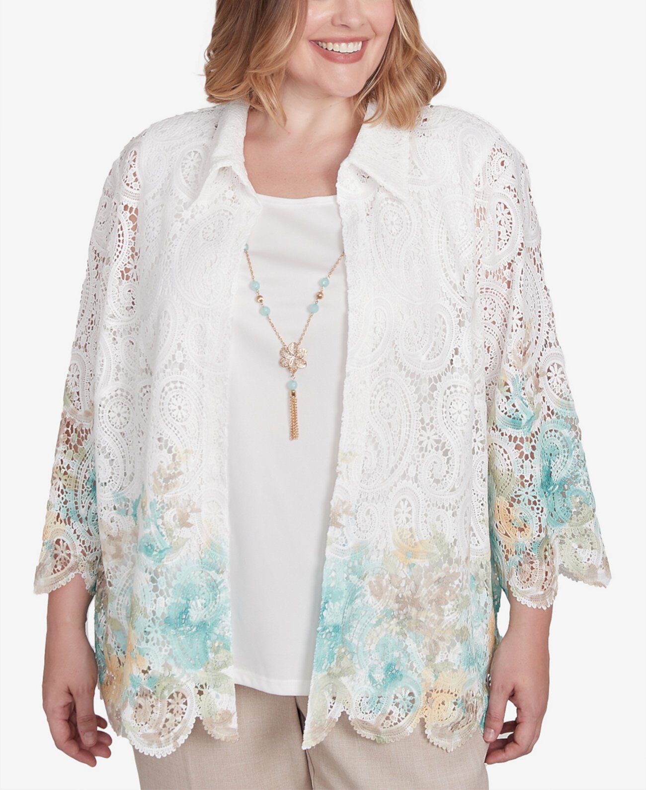 Plus Size Kensington Gardens Two in One Lace Floral Top with Necklace Alfred Dunner