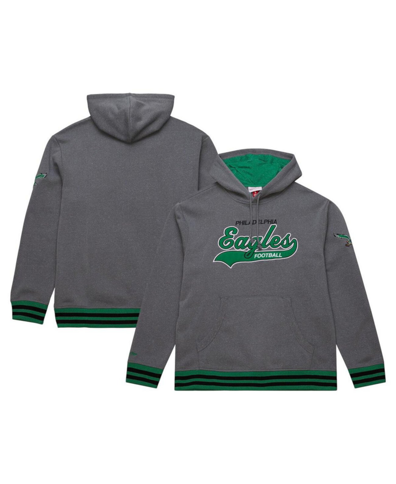 Men's Heather Gray Philadelphia Eagles Vintage Logo Snow Washed Fleece Pullover Hoodie Mitchell & Ness