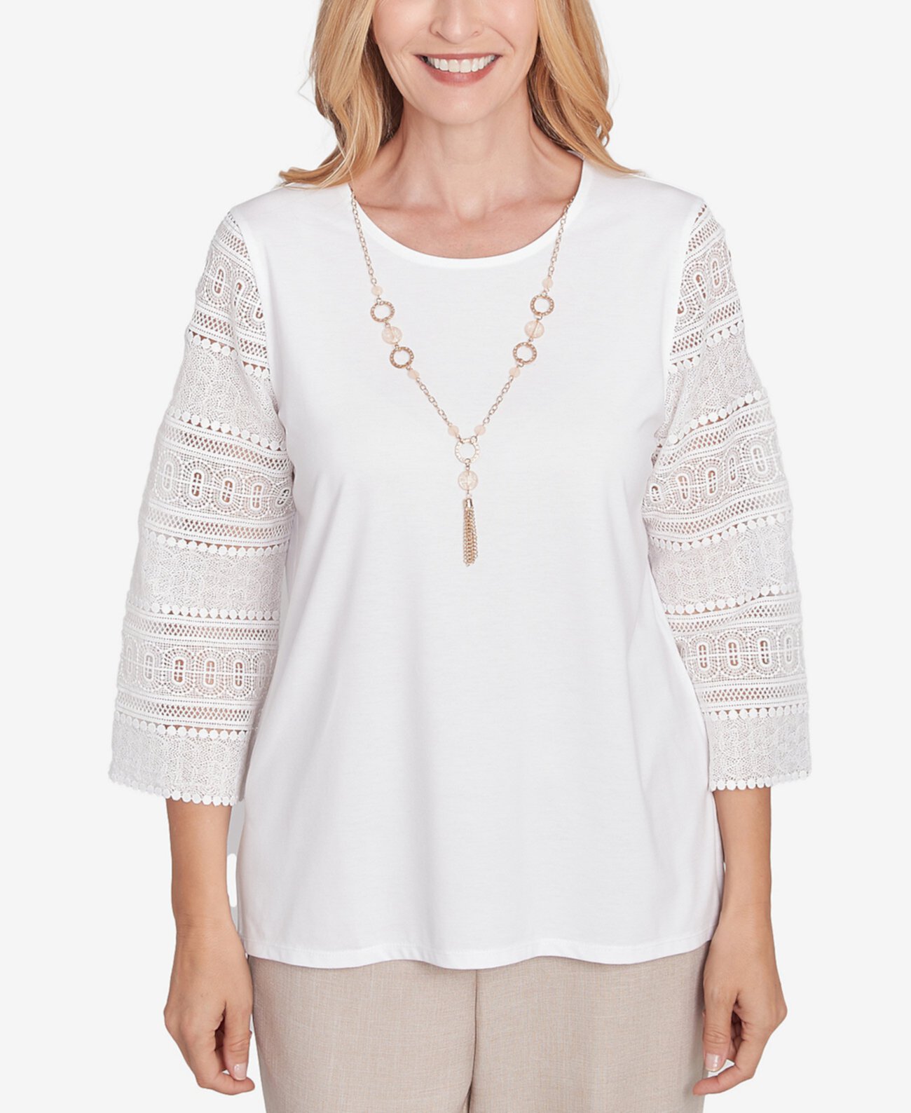 Women's Kensington Gardens Solid Lace Sleeve Knit Top with Necklace Alfred Dunner