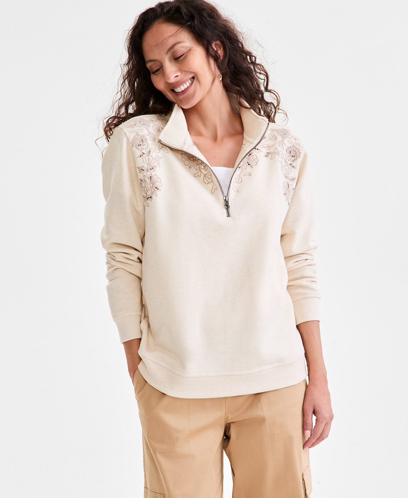 Women's Embroidered Mock-Neck Sweatshirt, Exclusively at Macy's Style & Co