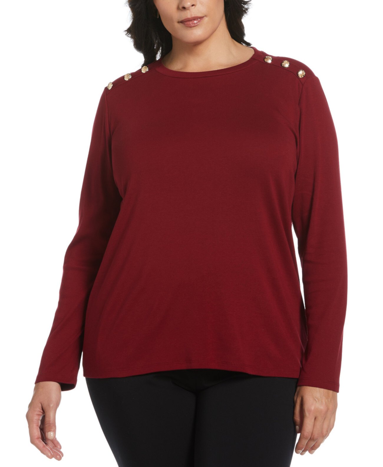 Plus Size Ribbed Button Detail Long Sleeve Top Rafaella