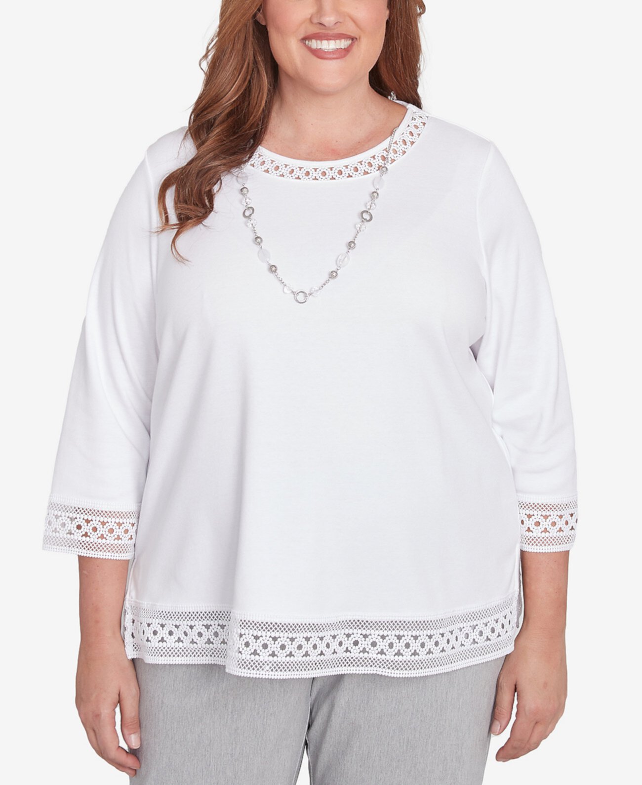 Plus Size Dress Code Solid Lace Trim Top with Necklace Alfred Dunner