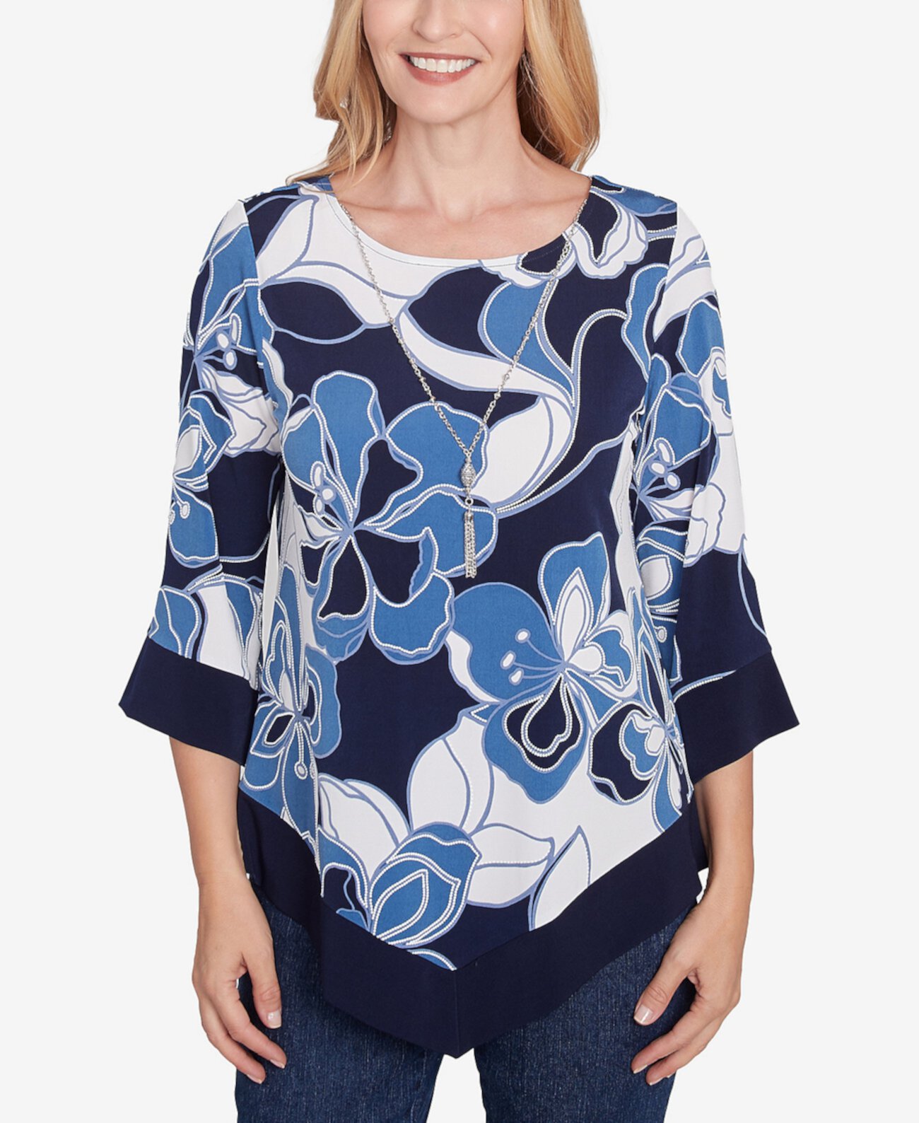 Women's Classic Abstract Bold Floral Patchwork Top with Necklace Alfred Dunner