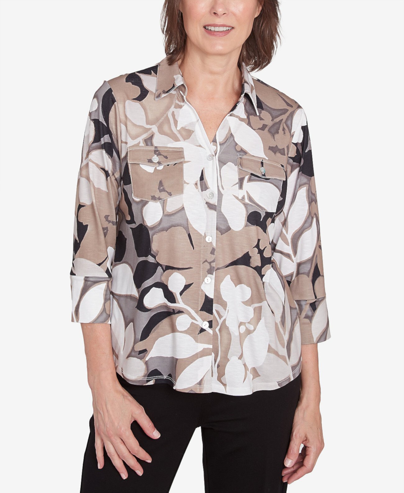 Petite Shadow Leaf Print Button Front Top Alfred Dunner