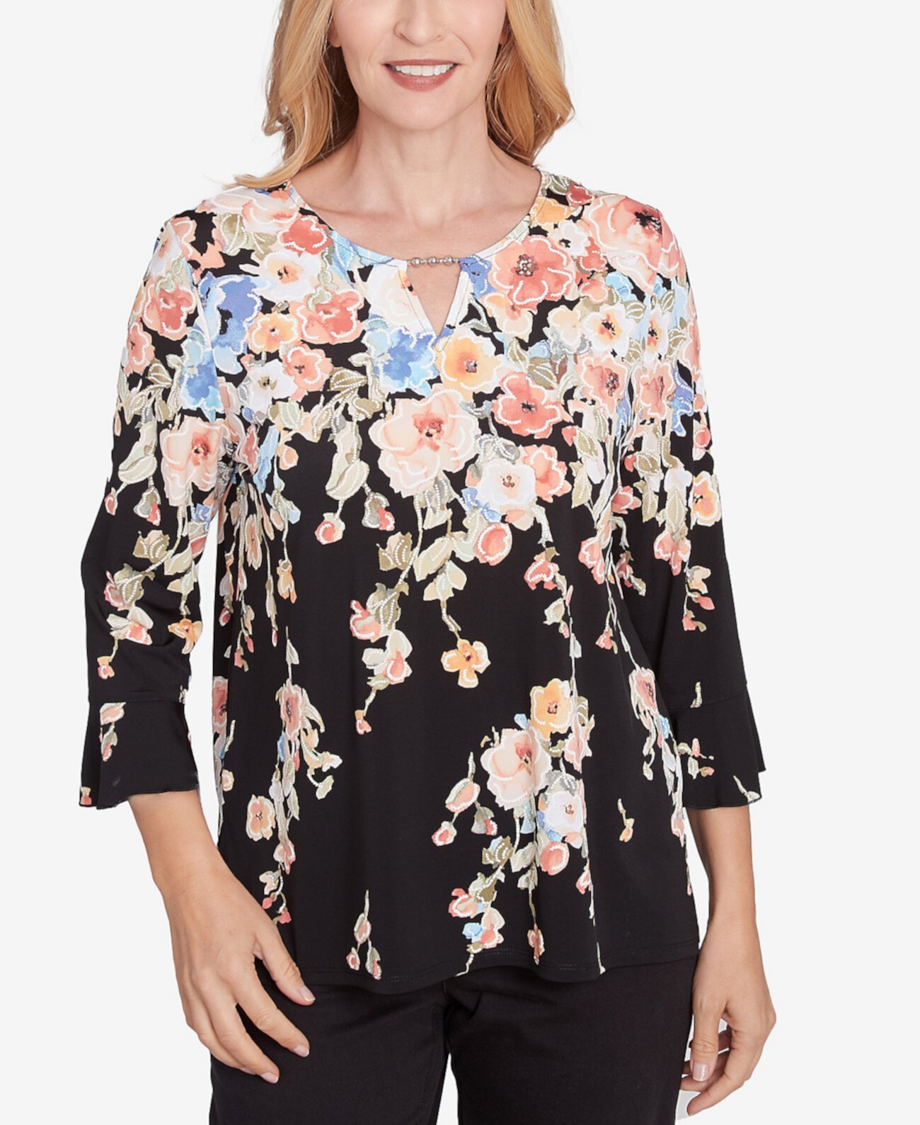 Women's Classic Falling Flower Beaded Split Neck Top Alfred Dunner