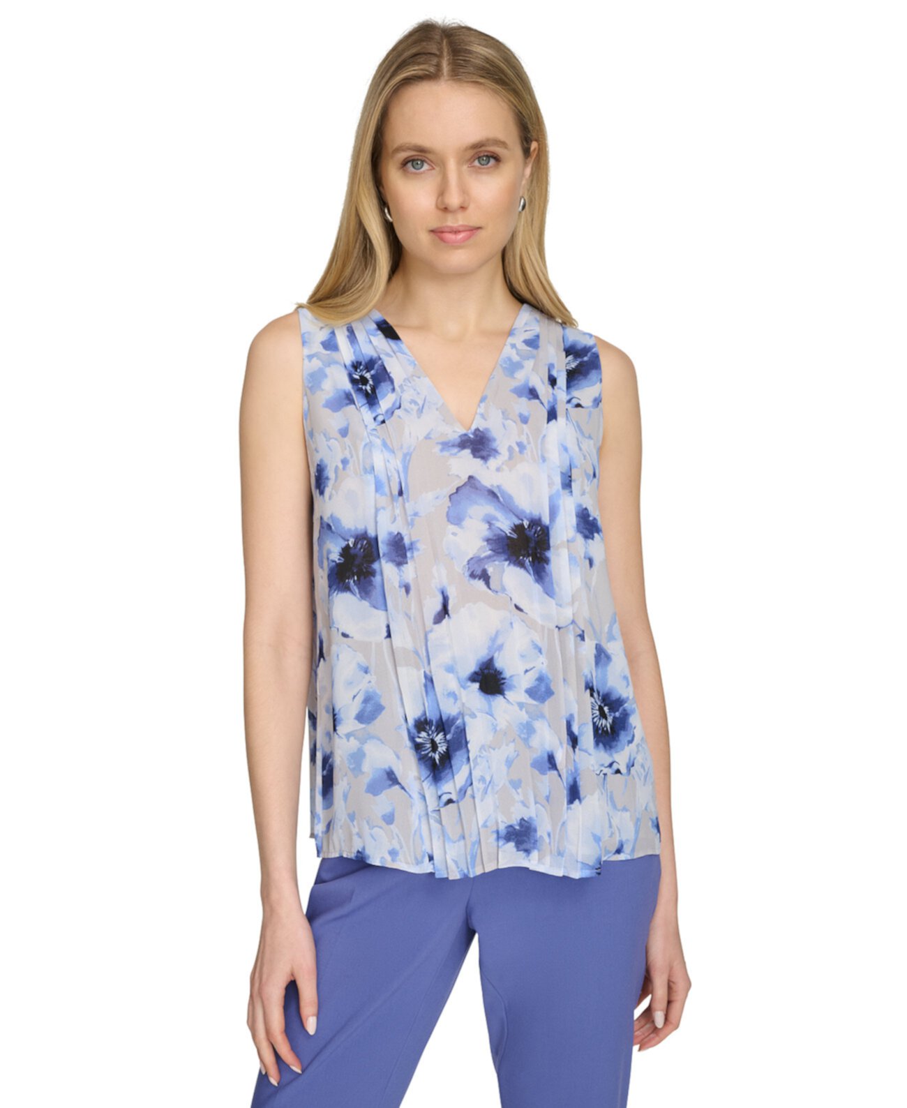 Women's Printed Sleeveless Pleated Top Calvin Klein