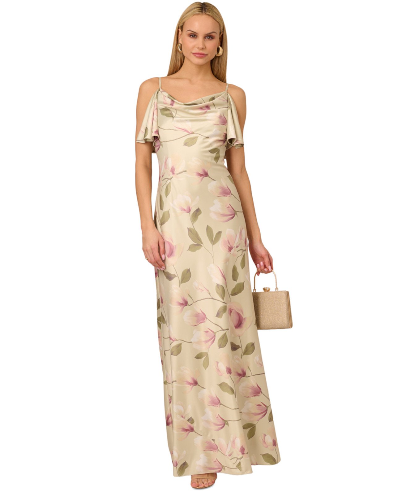 Women's Printed Satin Sleeveless Cowlneck Gown Adrianna by Adrianna Papell