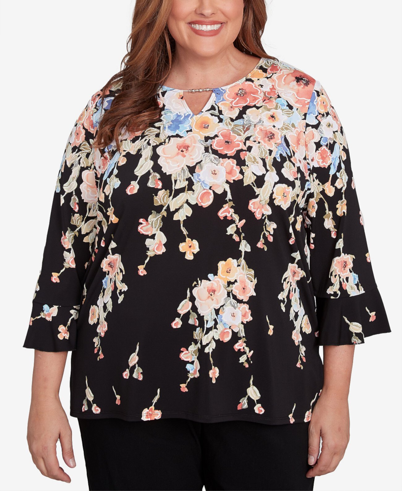 Plus Size Classic Falling Flower Beaded Split Neck Top Alfred Dunner