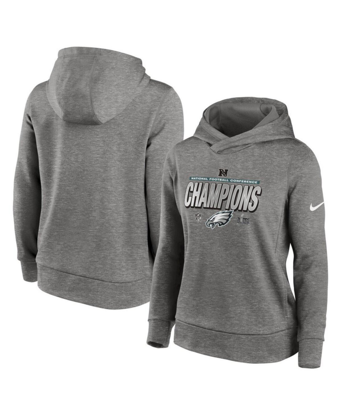 Women's Heather Gray Philadelphia Eagles 2024 NFC Champions Locker Room Trophy Collection Therma Fleece Pullover Hoodie Nike