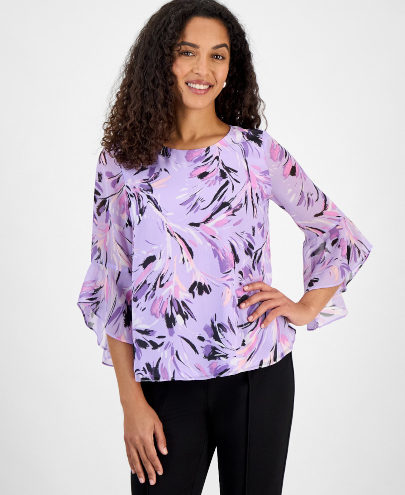 Petite Printed Ruffle-Sleeve Blouse, Regular and Petite Sizes Kasper