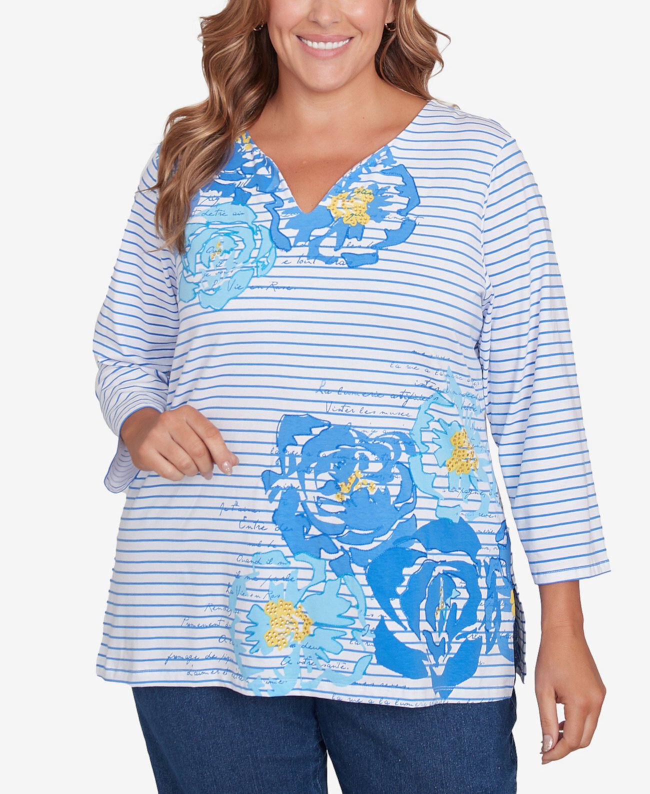 Plus Size Floral Embroidered Script Stripe Top Ruby Rd.