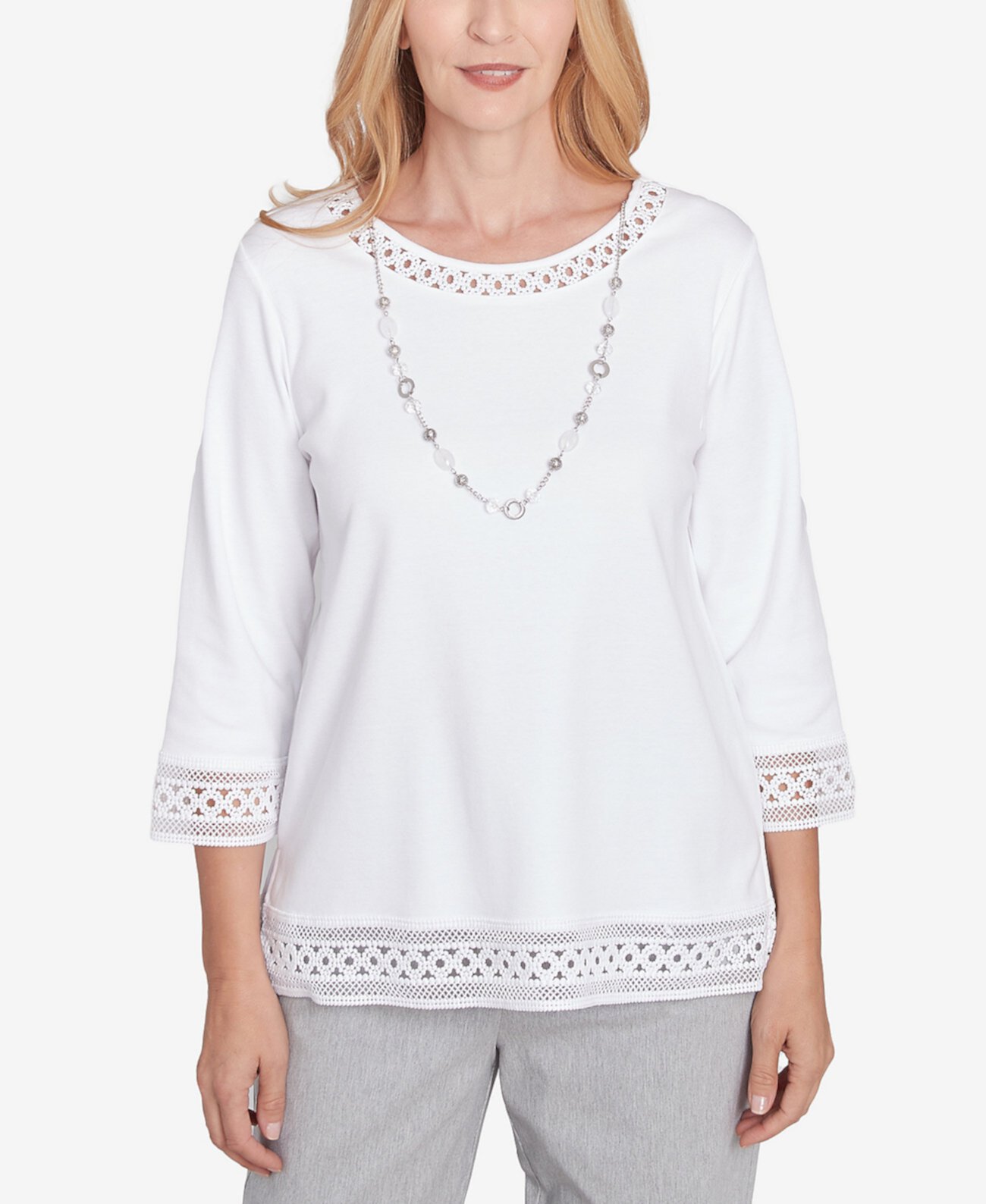 Petite Dress Code Solid Lace Trim Top with Necklace Alfred Dunner