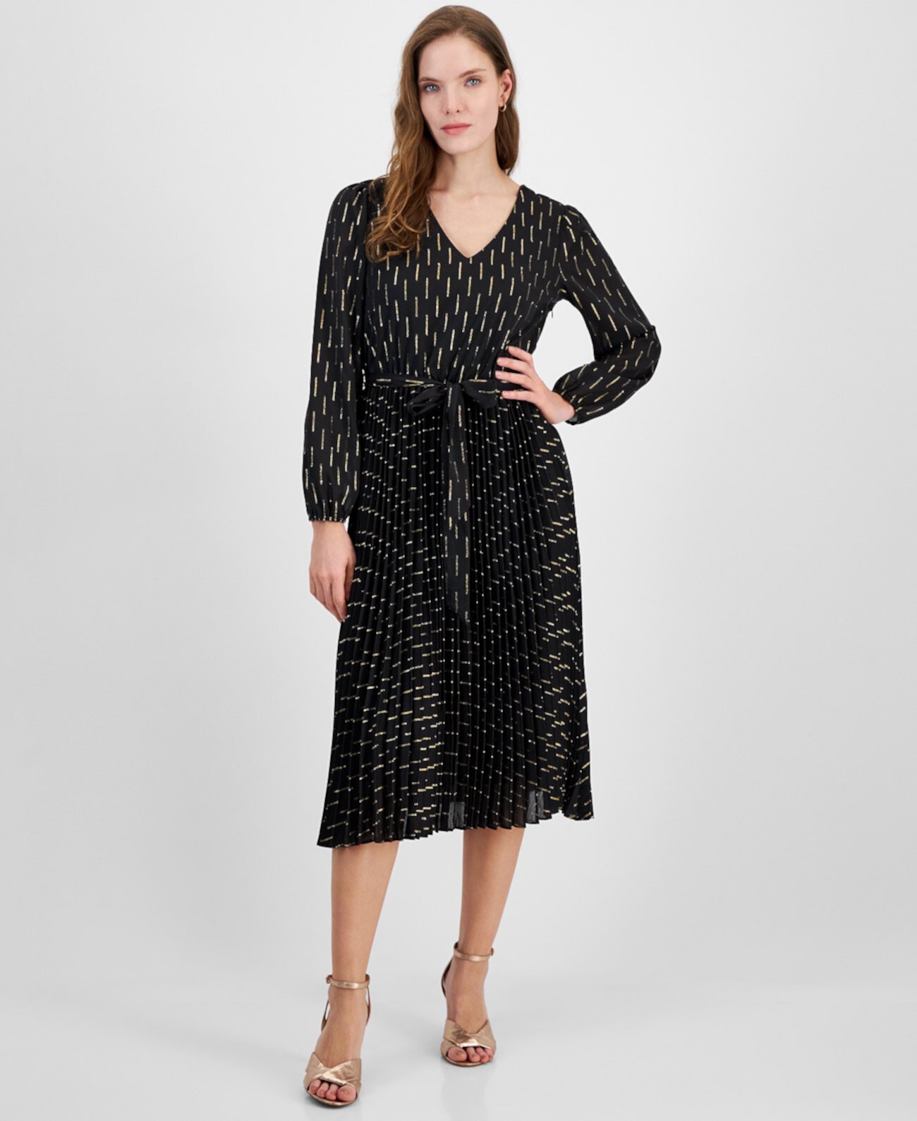 Women's Printed Tie-Waist Pleated Midi Dress T Tahari