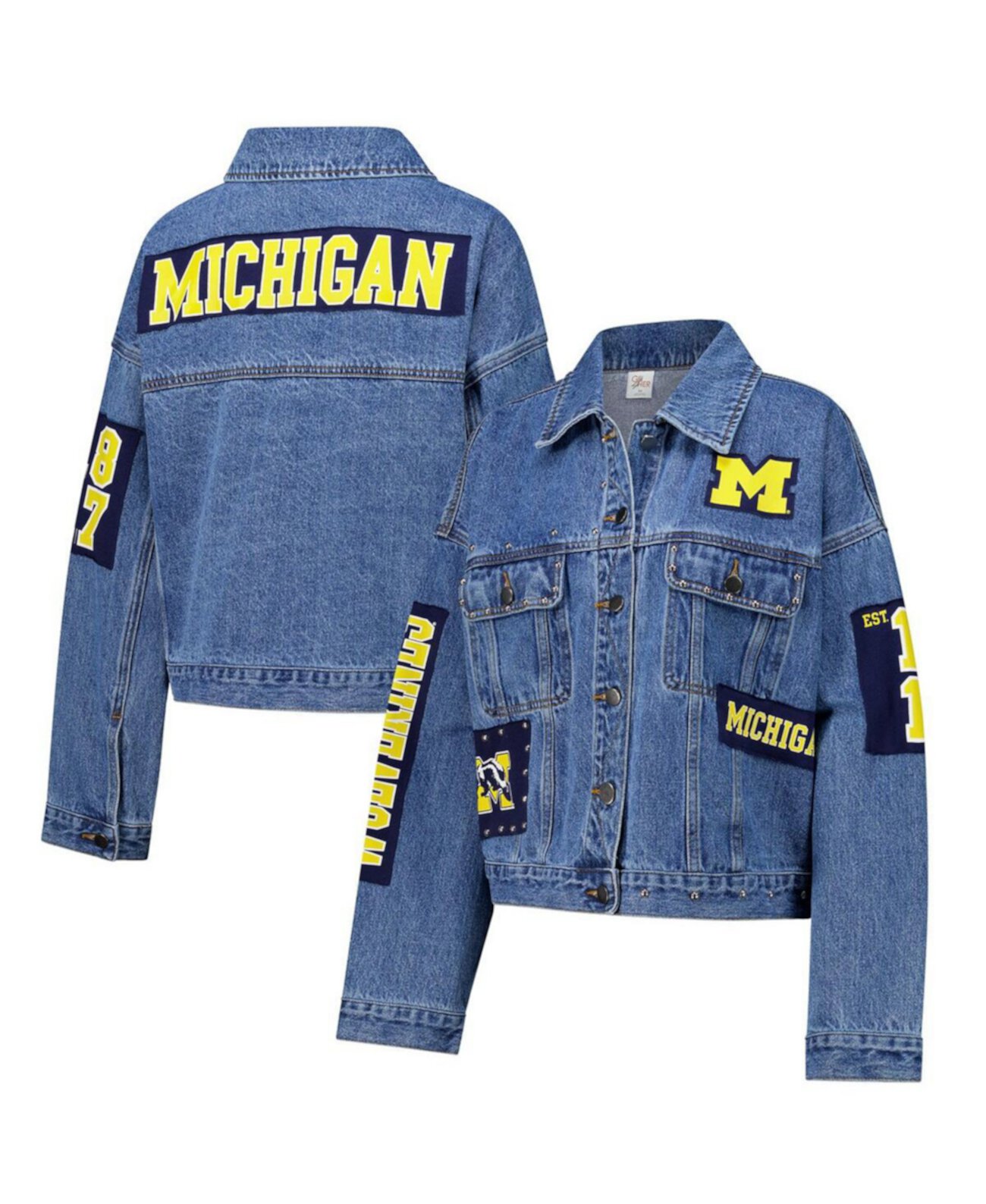 Women's Denim Michigan Wolverines Game Ball Patches and Studs Full-Button Jacket G-Iii