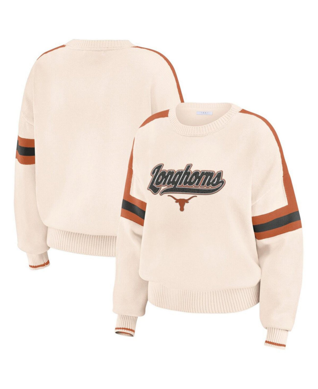 Women's Cream Texas Longhorns Chenille Woven Patch Stripe Pullover Sweater WEAR by Erin Andrews