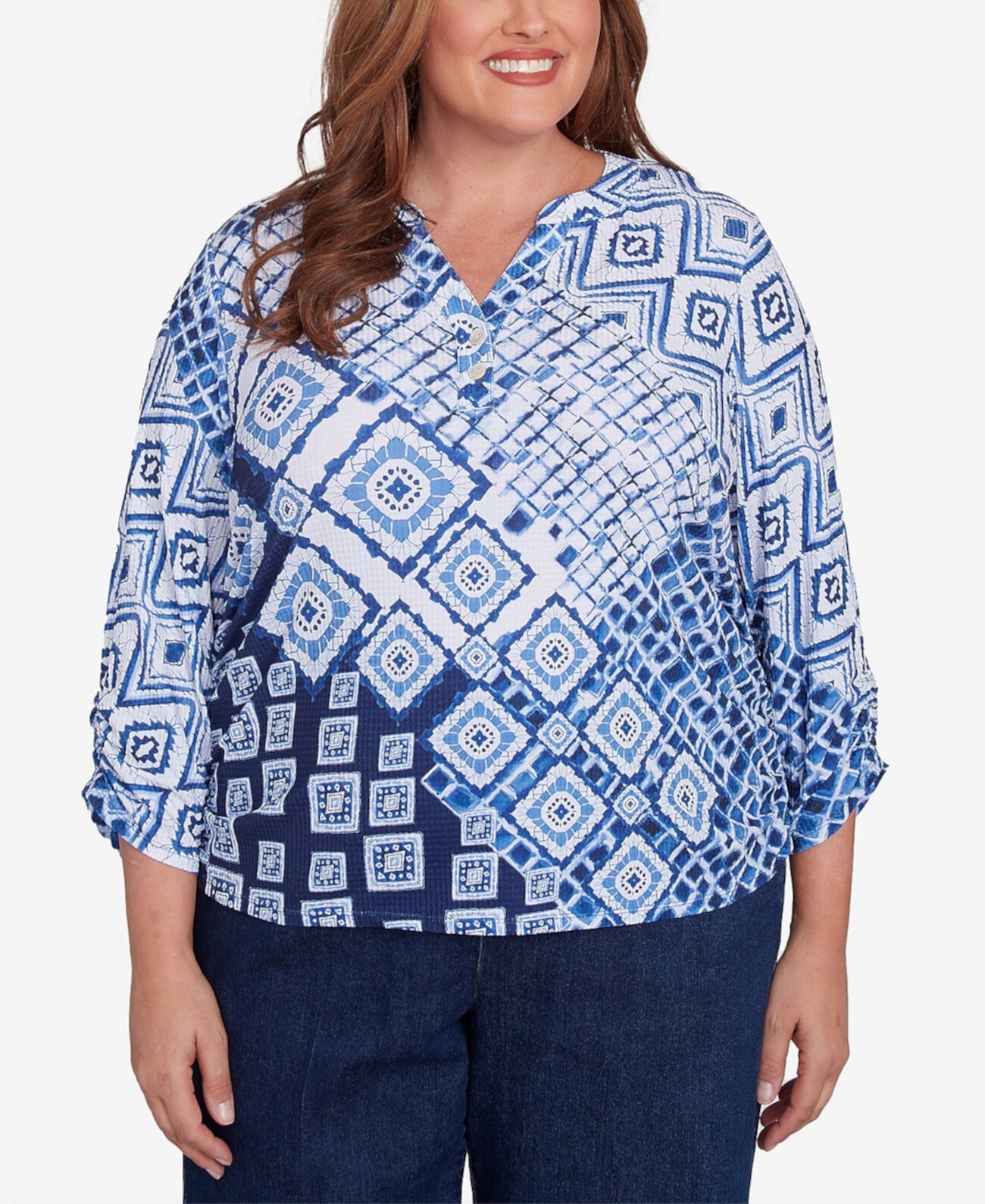 Plus Size Free Spirit Ikat Patched Geometric Top Alfred Dunner