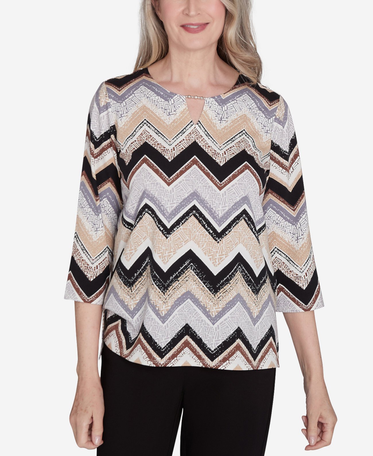 Petite Key Items Zig Zag Split Neck Top Alfred Dunner