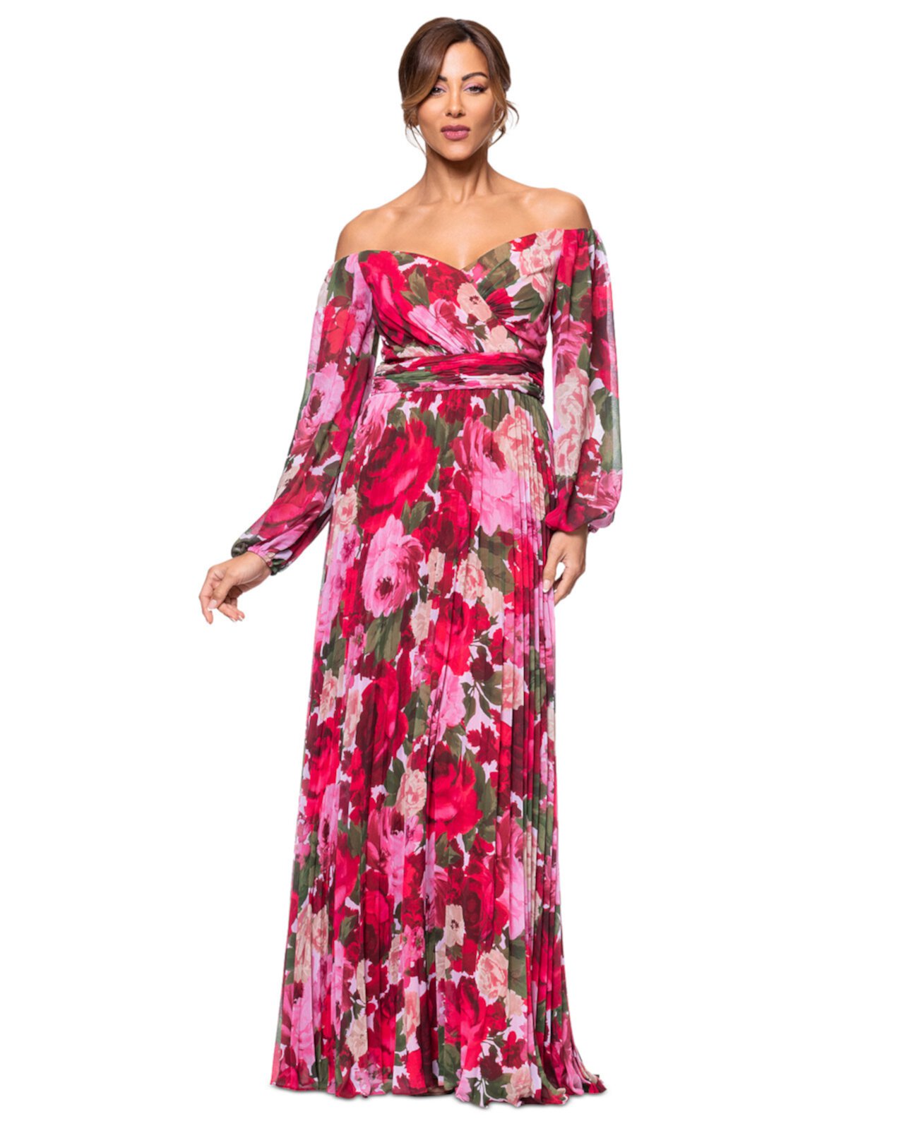 Petite Floral-Print Pleated Off-The-Shoulder Gown Xscape