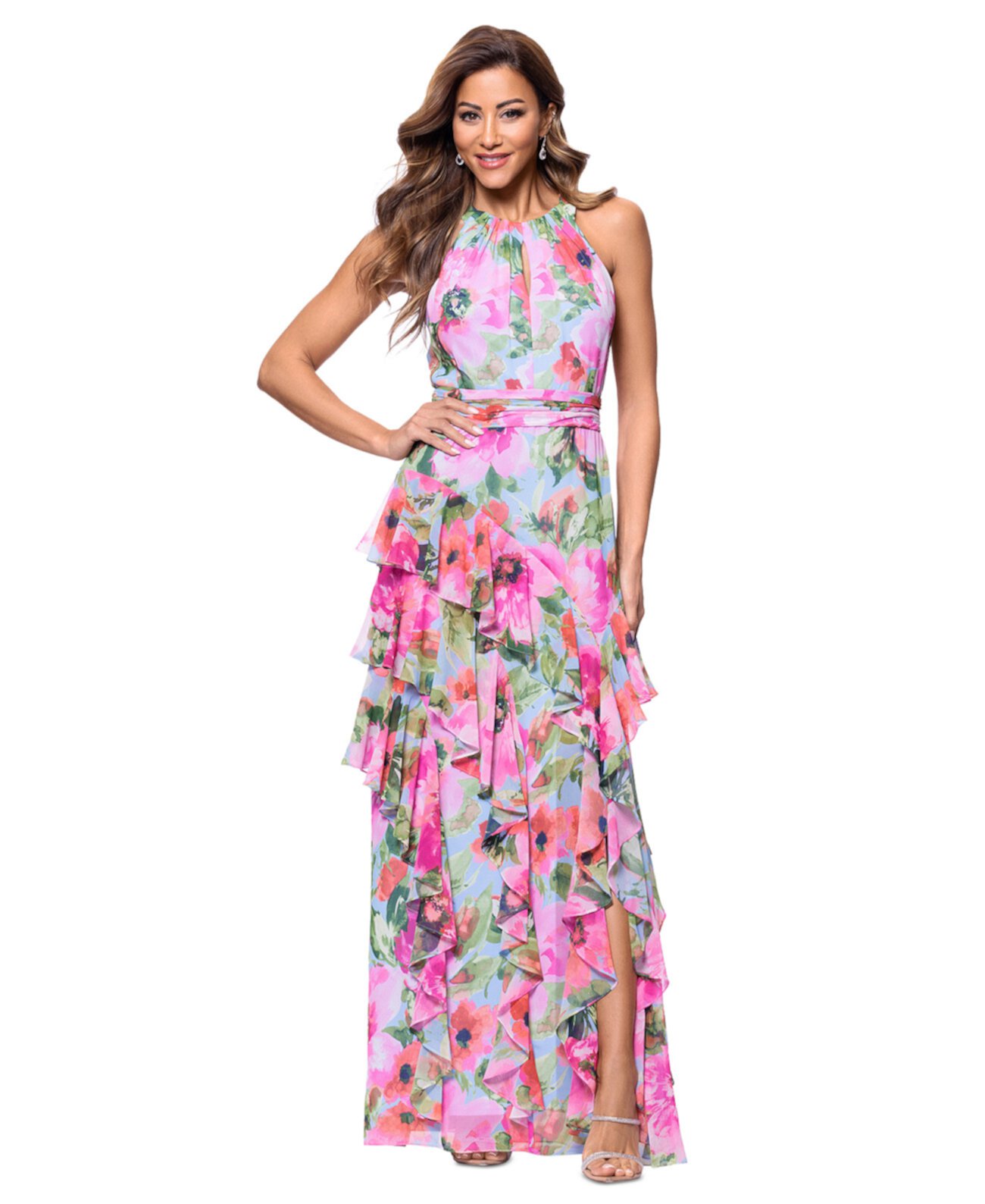 Petite Floral-Print Ruffled Gown Xscape