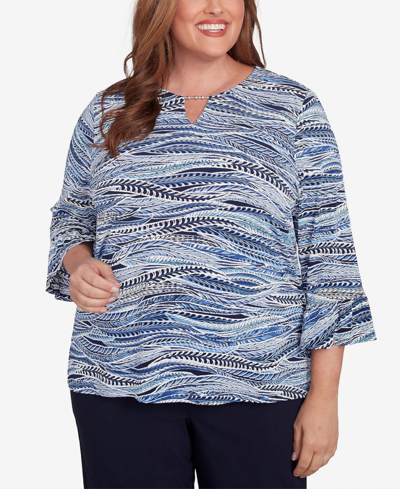 Plus Size Classic Beaded Split Neck Feathers Top Alfred Dunner