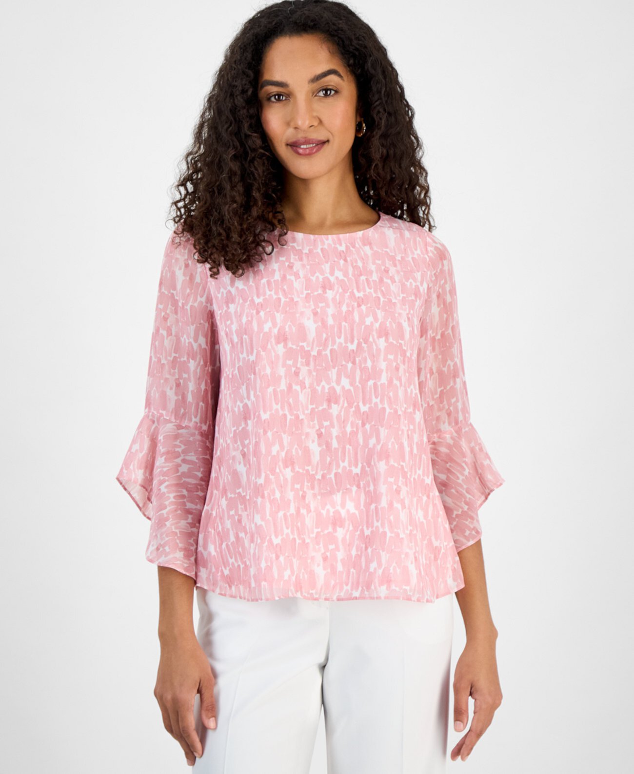 Women's Printed Ruffle-Cuff Bell-Sleeve Blouse, Regular and Petite Sizes Kasper