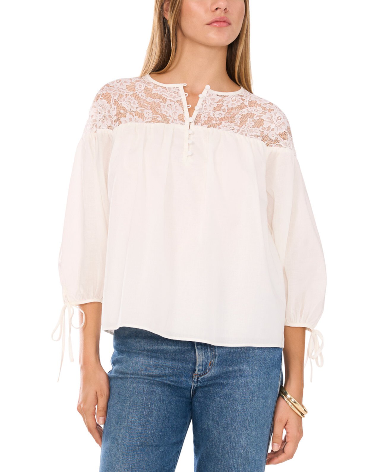 Women's Lace-Yoke 3/4-Sleeve Tie-Cuff Blouse 1.State