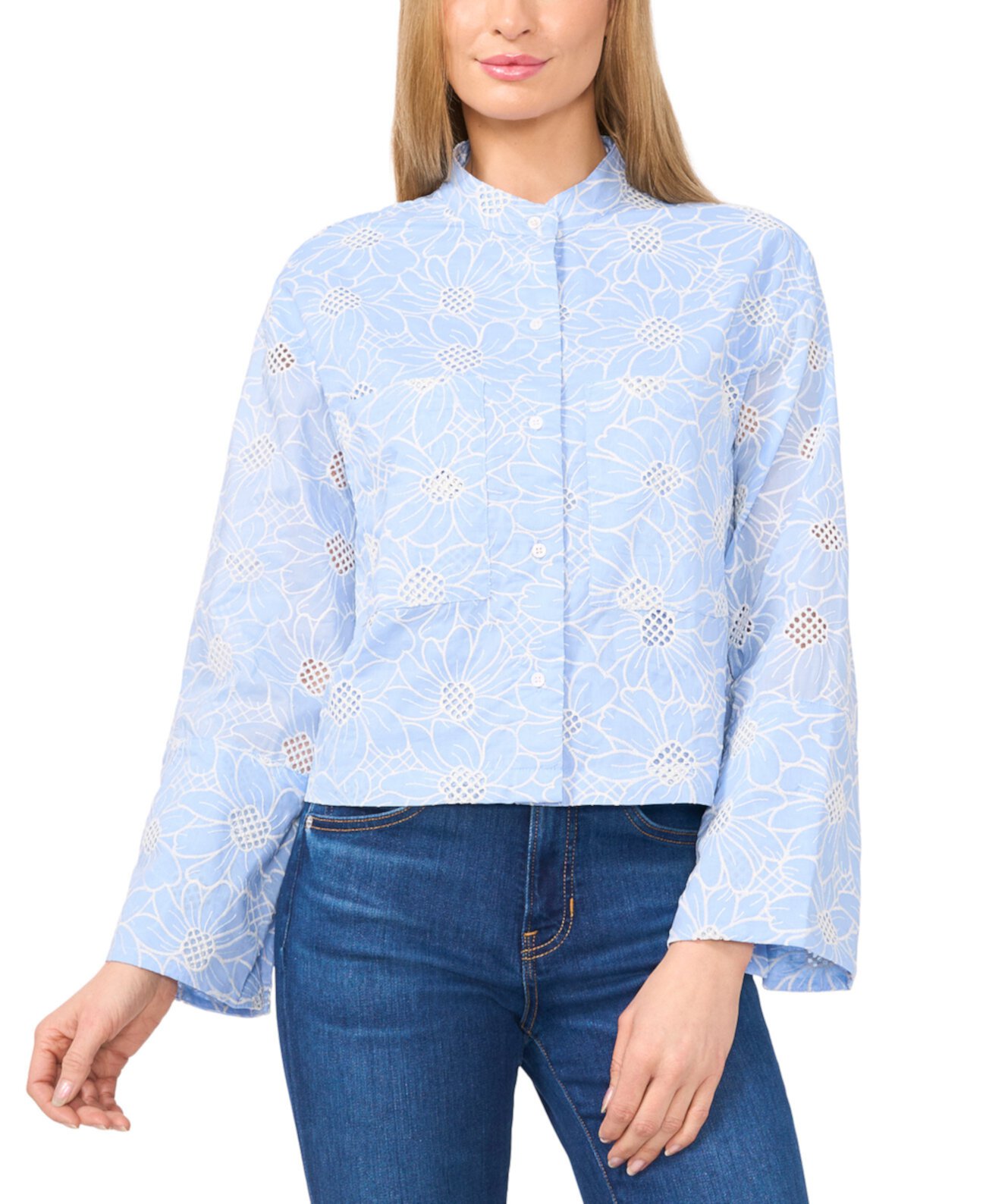 Women's Floral-Embroidered Wide-Sleeve Shirt CeCe