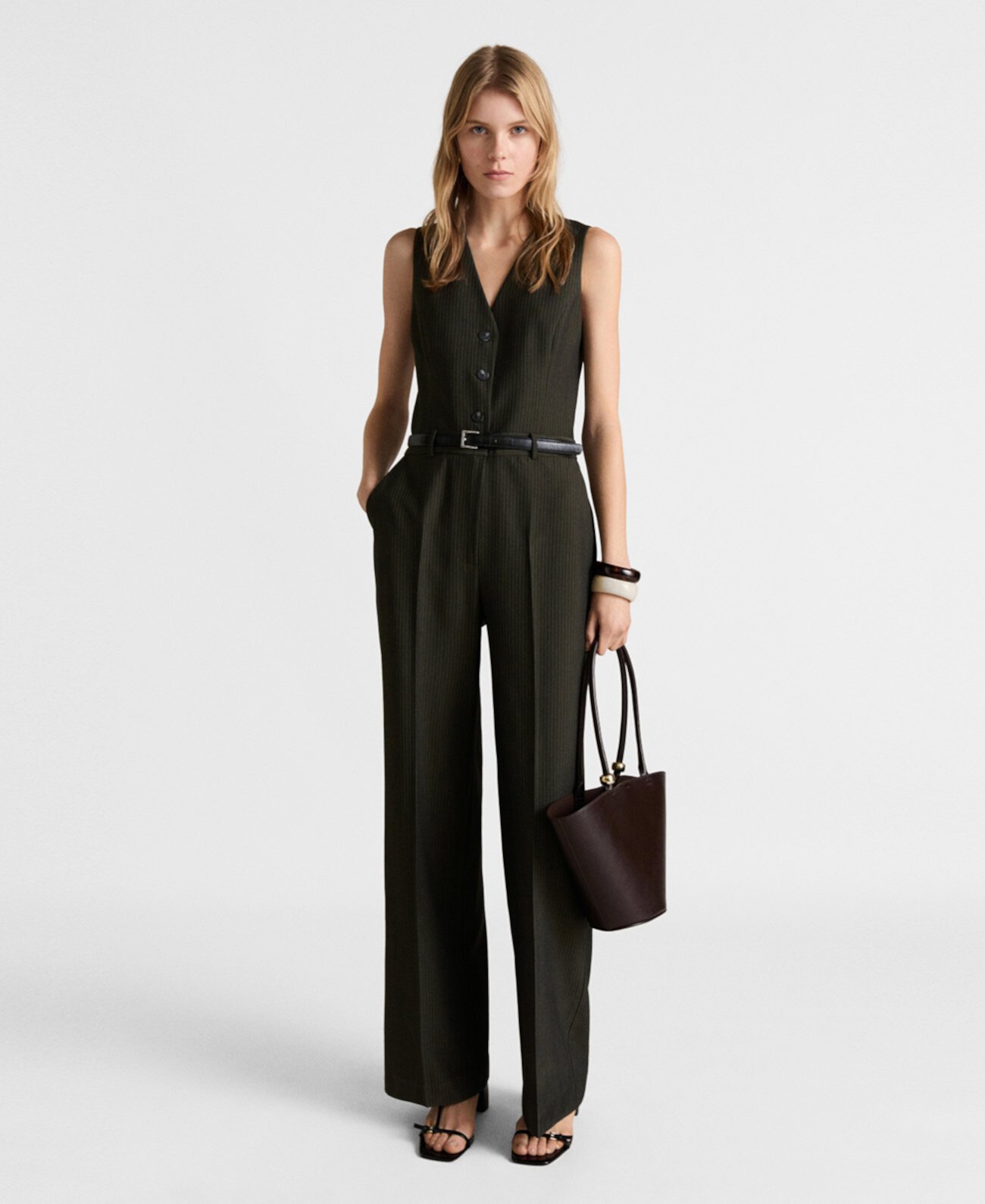 Women's Belted Pinstripe Jumpsuit Mango